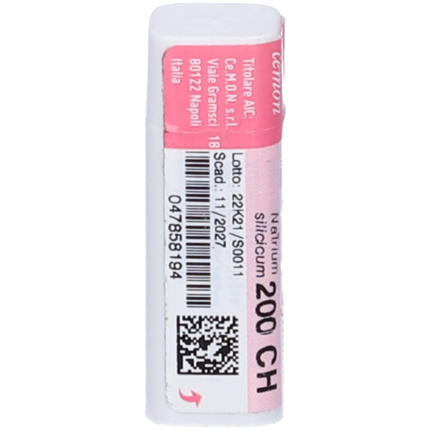Flacone cilindrico con fascia rosa. Scritte: Natrium Silicicum 200 CH, cemon, lotto.
