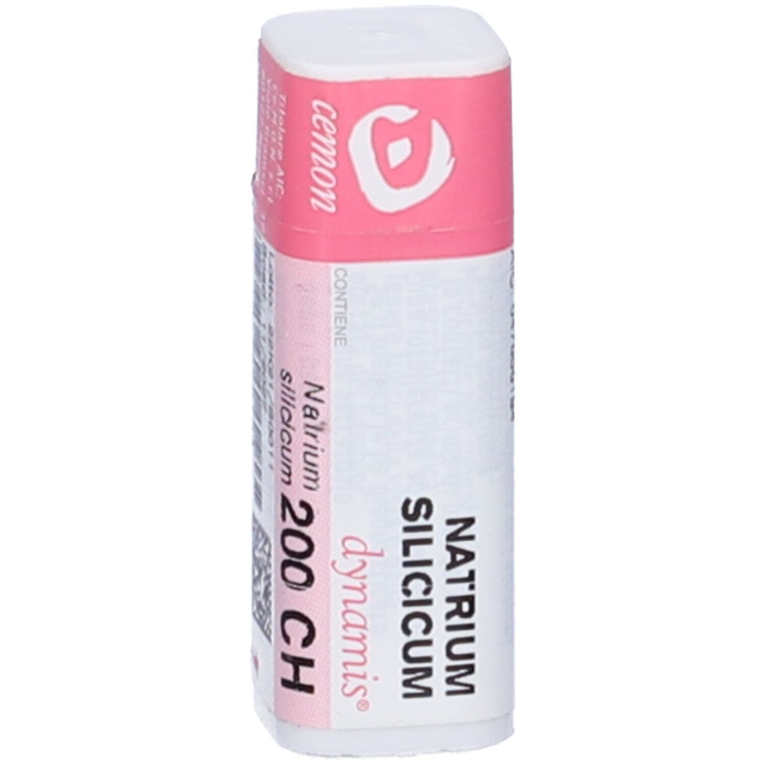 Flacone cilindrico con fascia rosa. Scritte: Natrium Silicicum 200 CH, cemon.