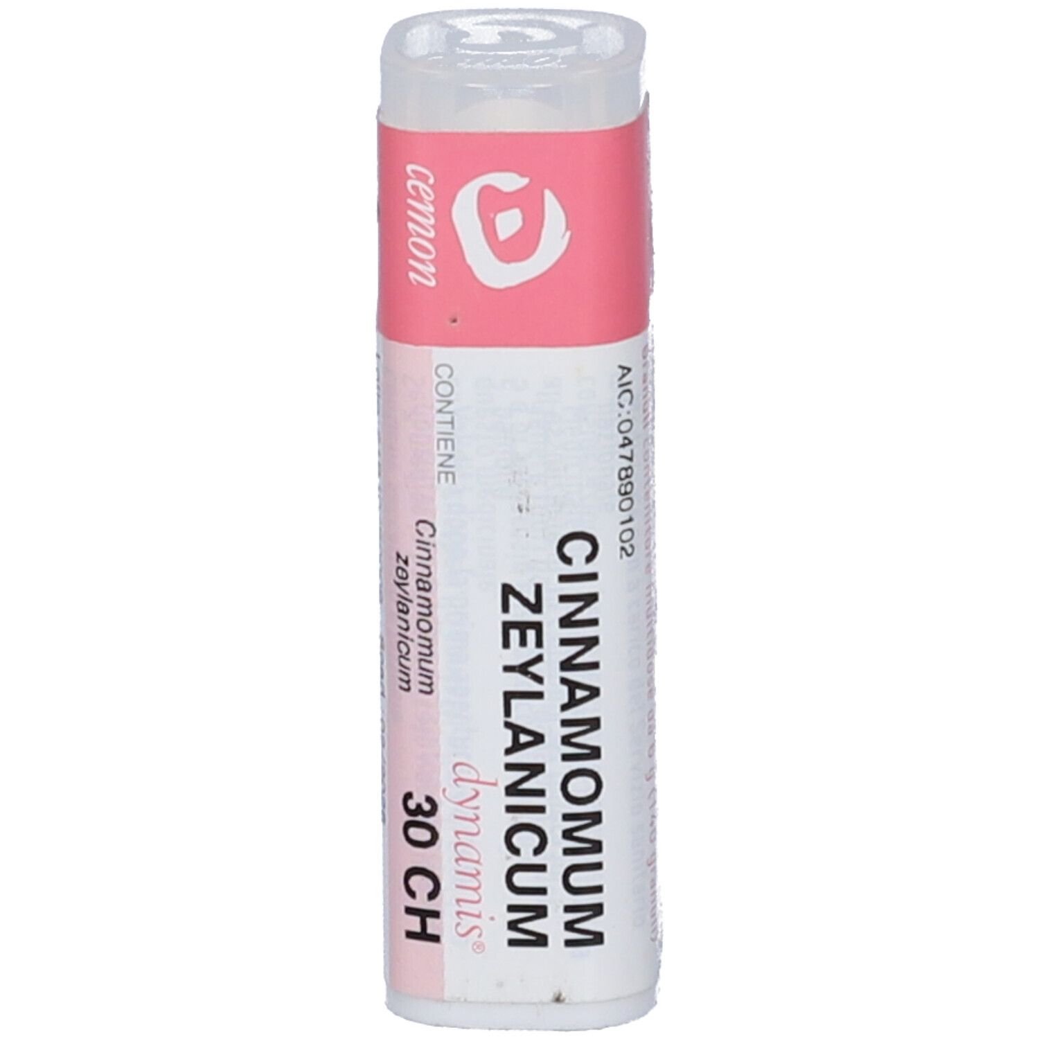 Flacone cilindrico con etichetta rosa. Scritta: Cinnamomum Zeylanicum, 30 CH. Tappo bianco.