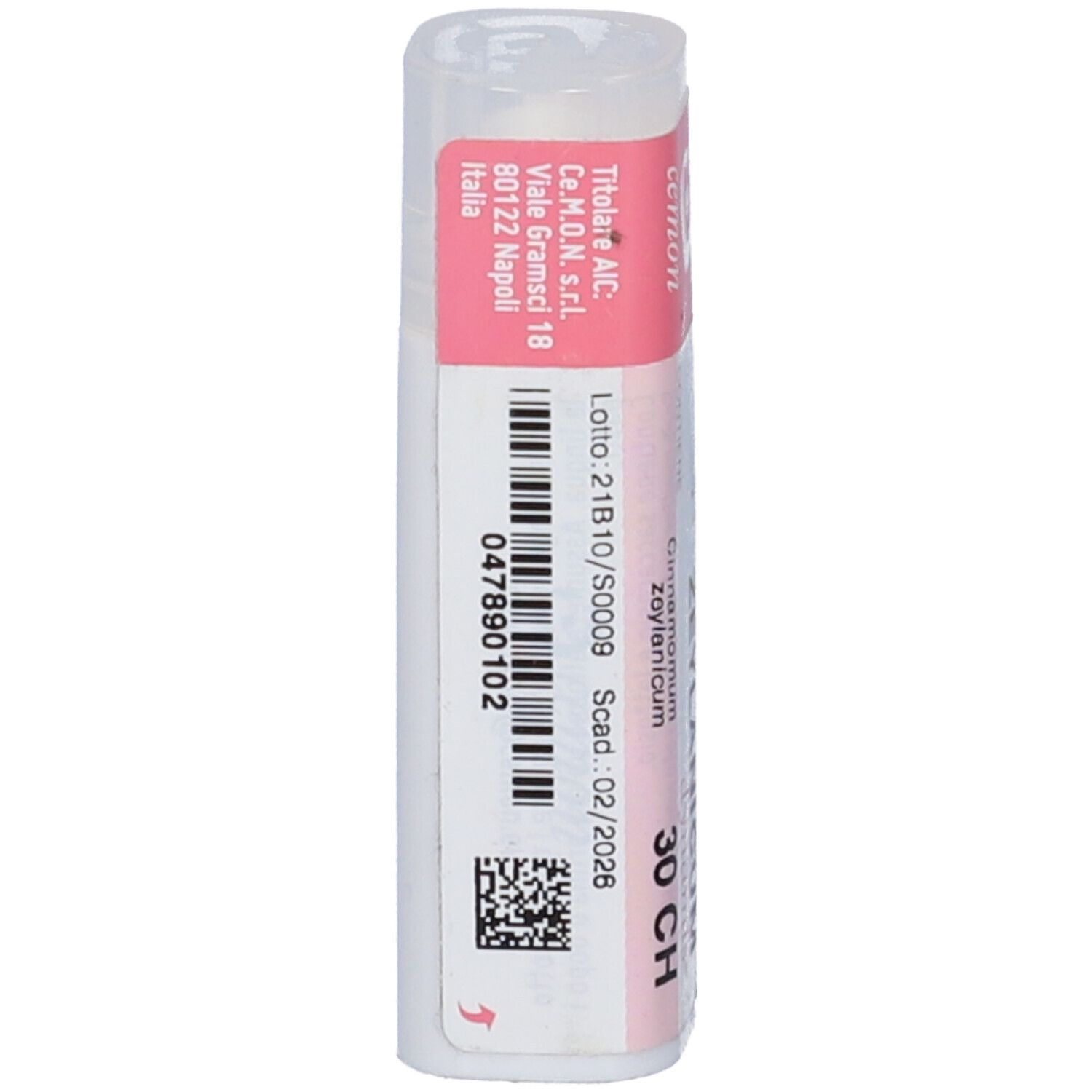 Flacone cilindrico con etichetta rosa. Scritta: Cinnamomum Zeylanicum, 30 CH. Codice a barre e QR.