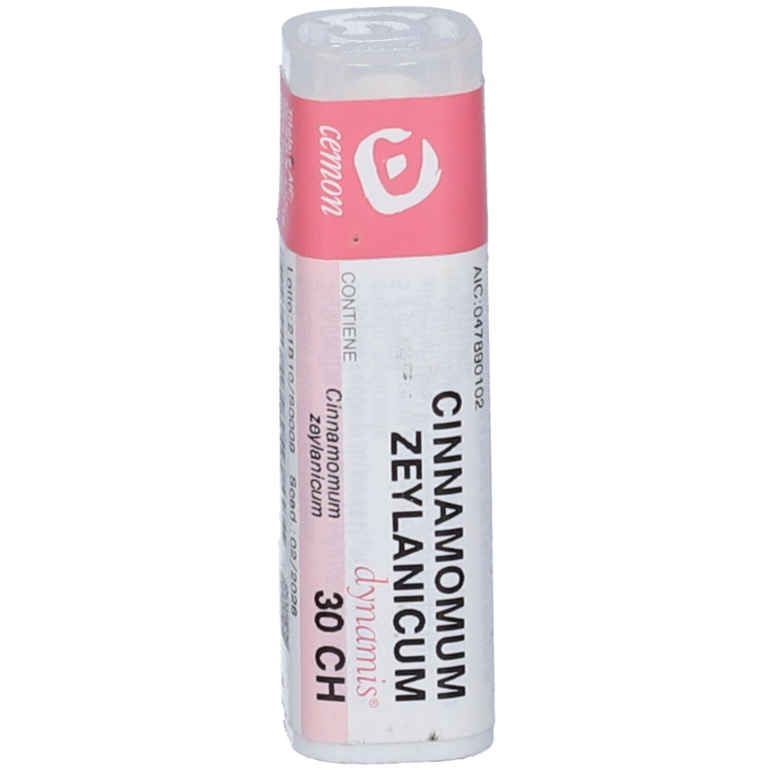 Flacone cilindrico con etichetta rosa. Scritta: Cinnamomum Zeylanicum, 30 CH. Tappo bianco.