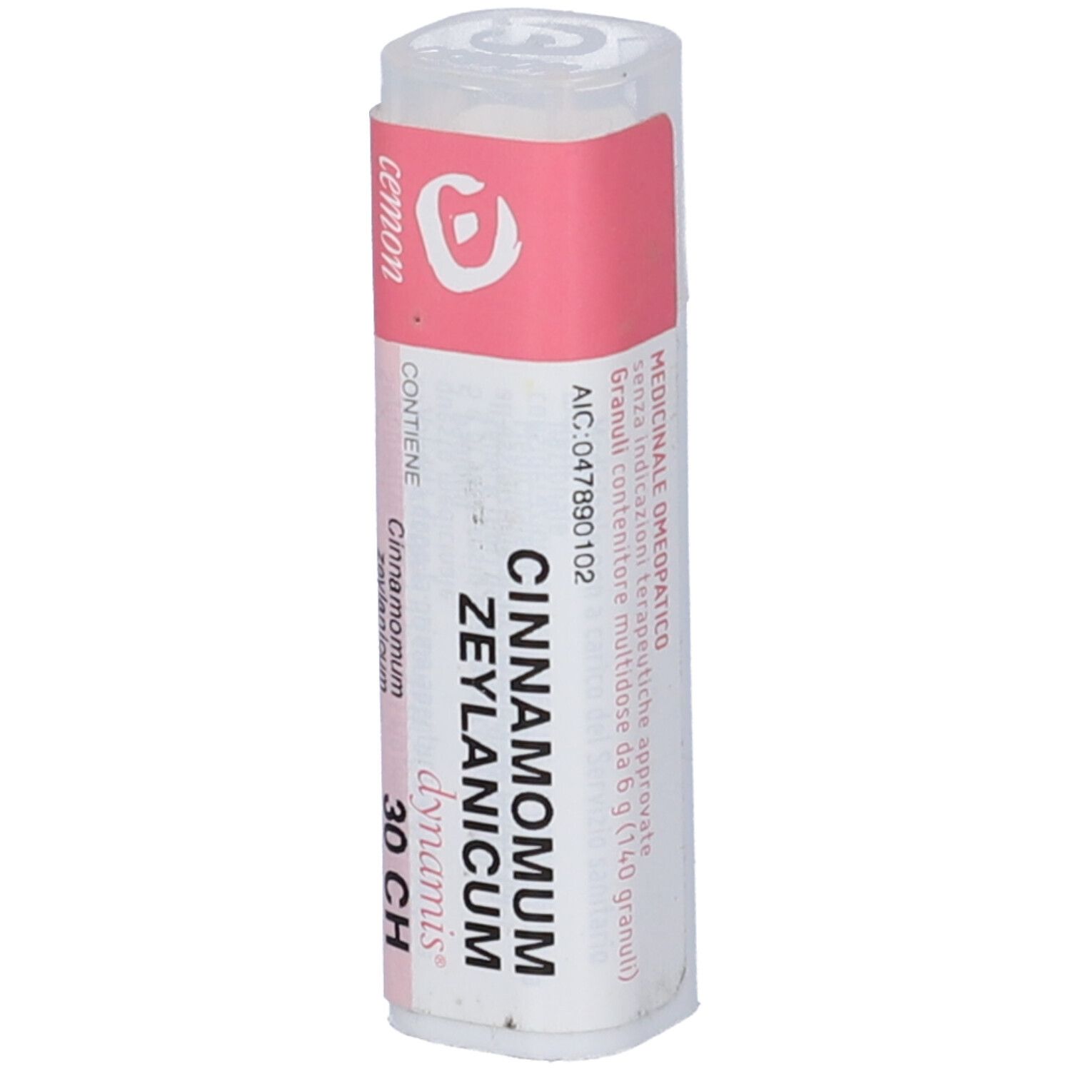 Flacone cilindrico con etichetta rosa. Scritta: Cinnamomum Zeylanicum, 30 CH. Tappo bianco.