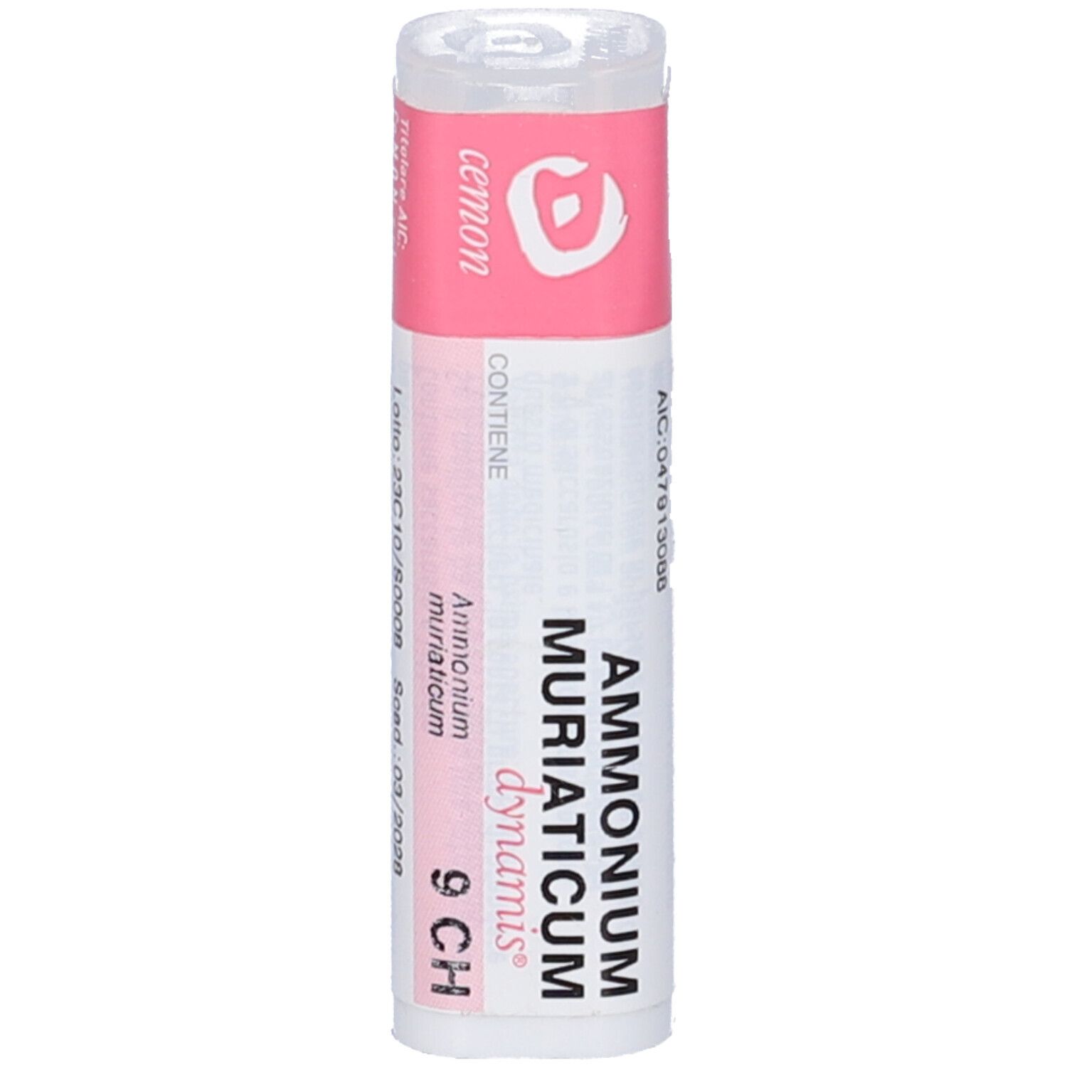 Flacone bianco con etichetta rosa. Scritta: Ammonium Muriaticum dynamis 9 CH. Coperchio trasparente.