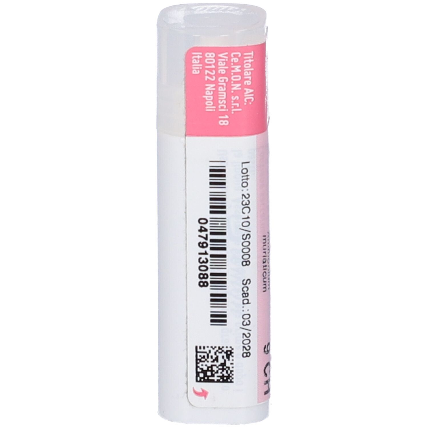 Flacone bianco con etichetta rosa. Codice a barre e testo. Coperchio trasparente. Scritta: Ammonium Muriaticum 9 CH.