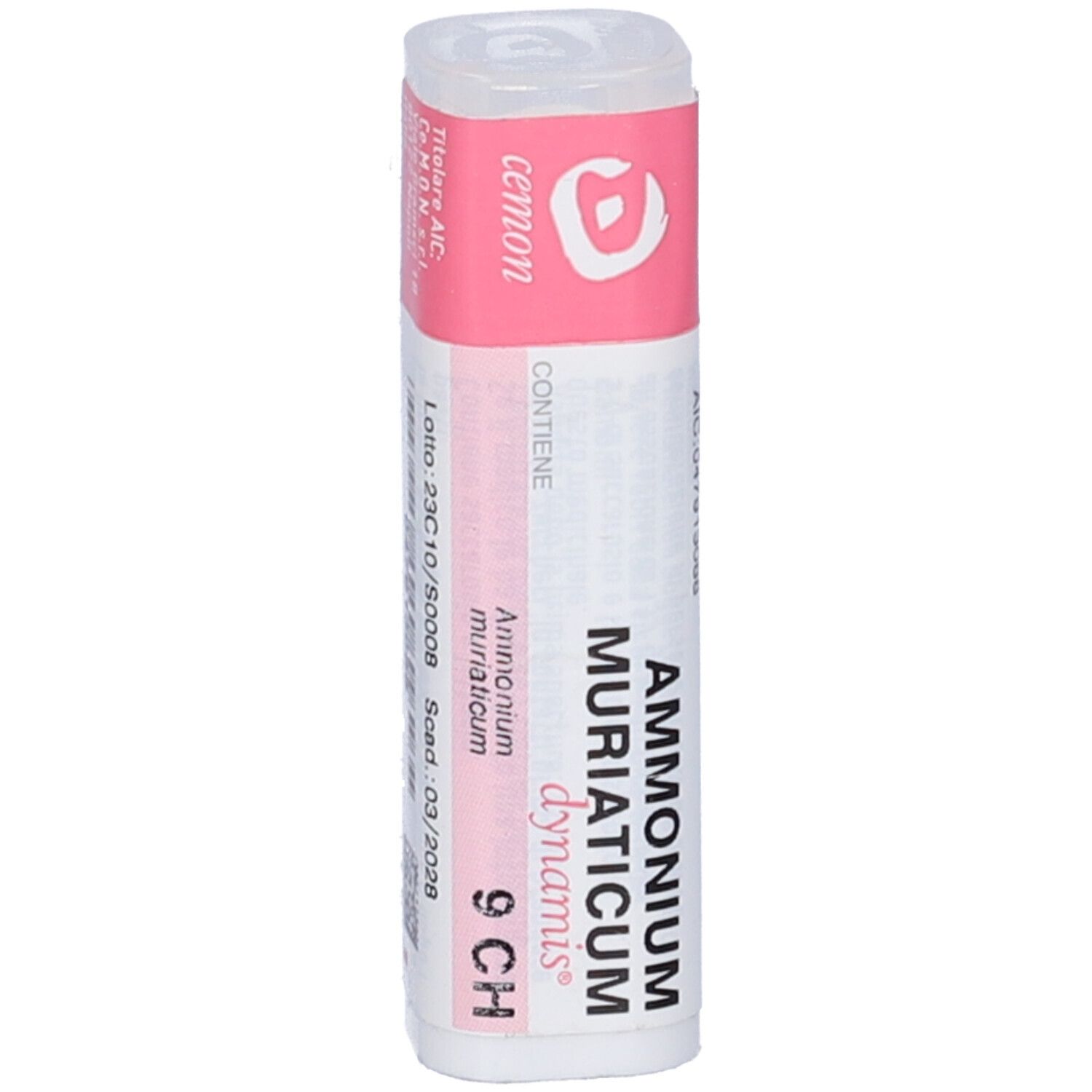Flacone bianco con etichetta rosa. Scritta: Ammonium Muriaticum dynamis 9 CH. Coperchio trasparente.