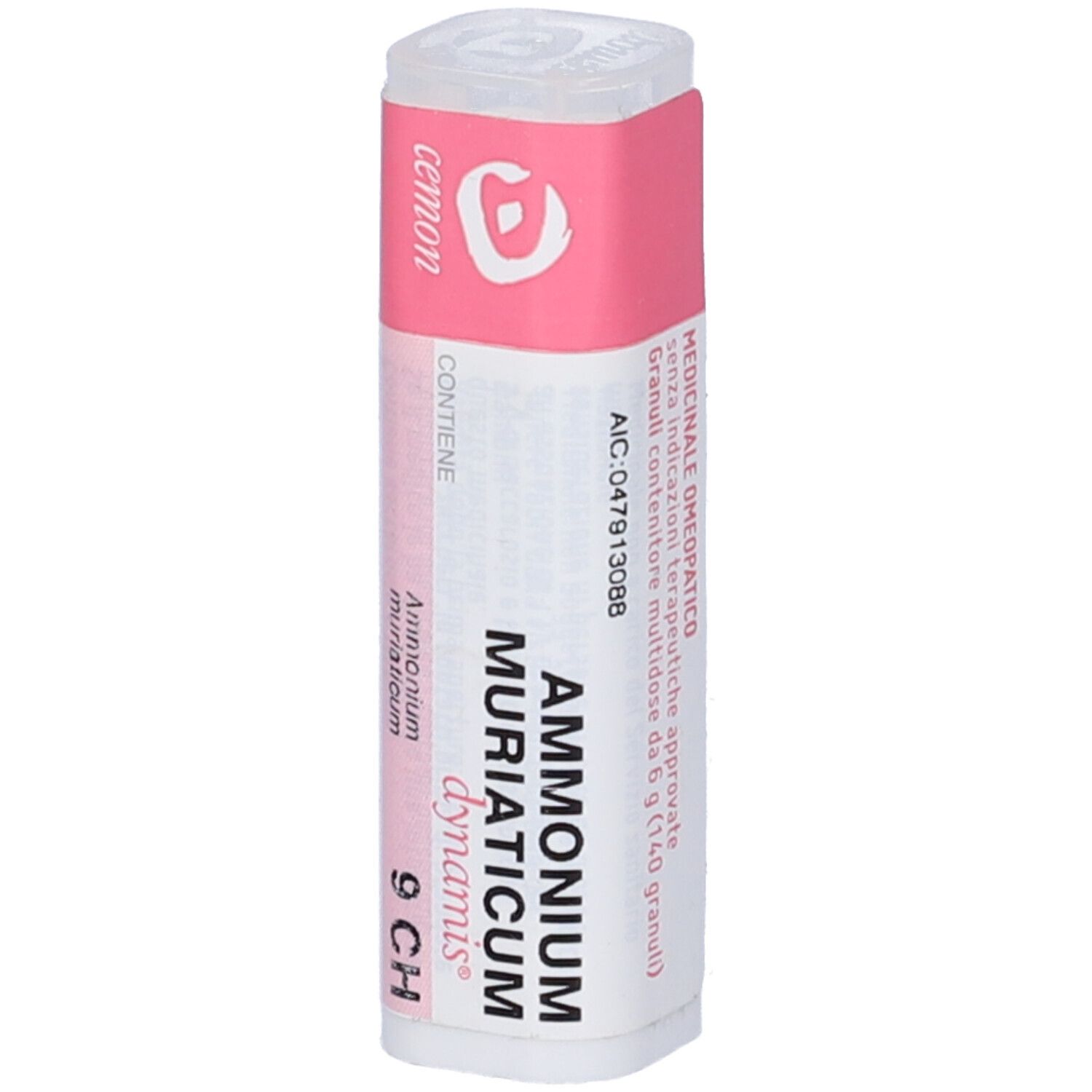Flacone bianco con etichetta rosa. Scritta: Ammonium Muriaticum dynamis 9 CH. Coperchio trasparente. Scritta: Medicinale omeopatico.