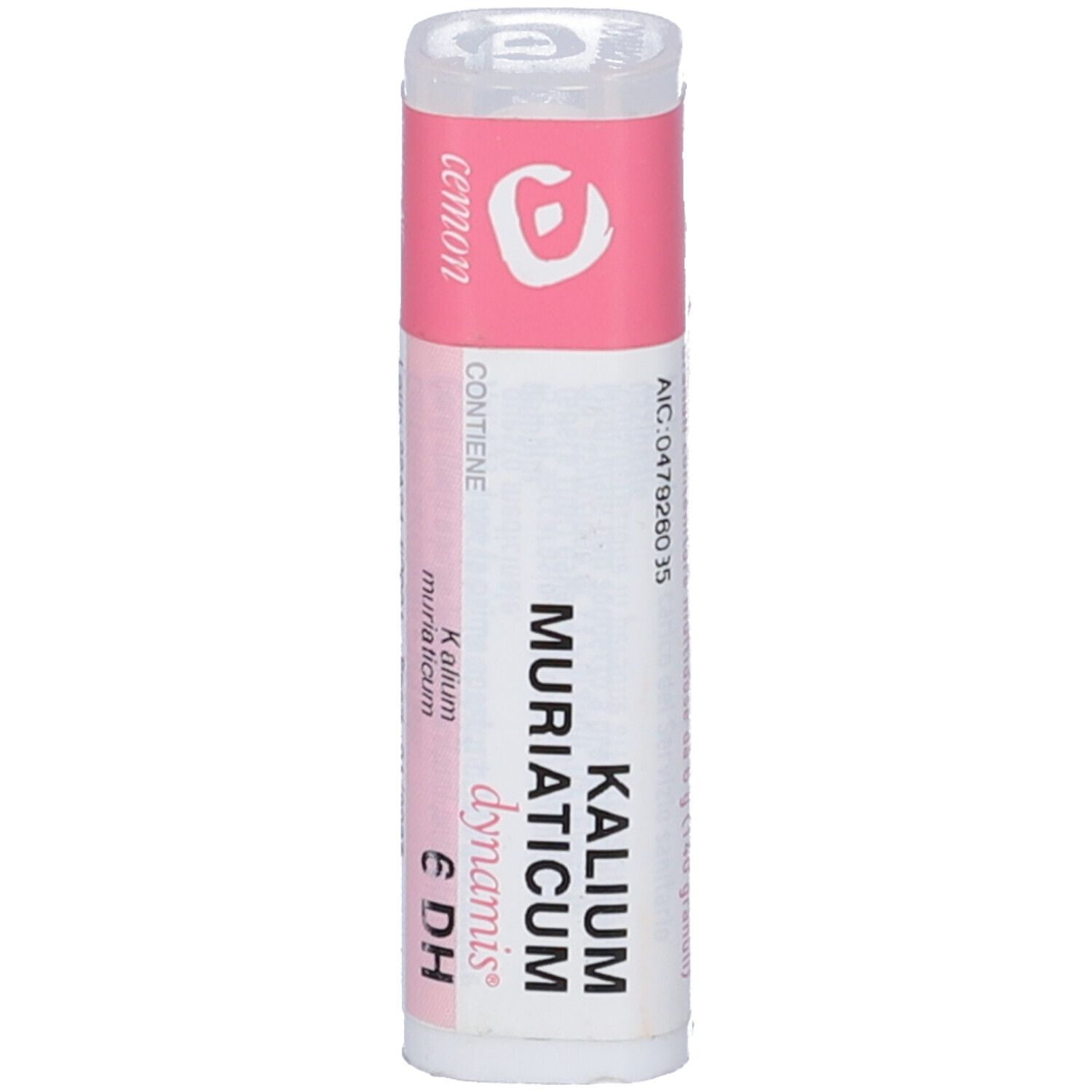 Flacone cilindrico con etichetta rosa. Scritte: Kalium Muriaticum, dynamis 6 DH. Coperchio e fondo bianchi.