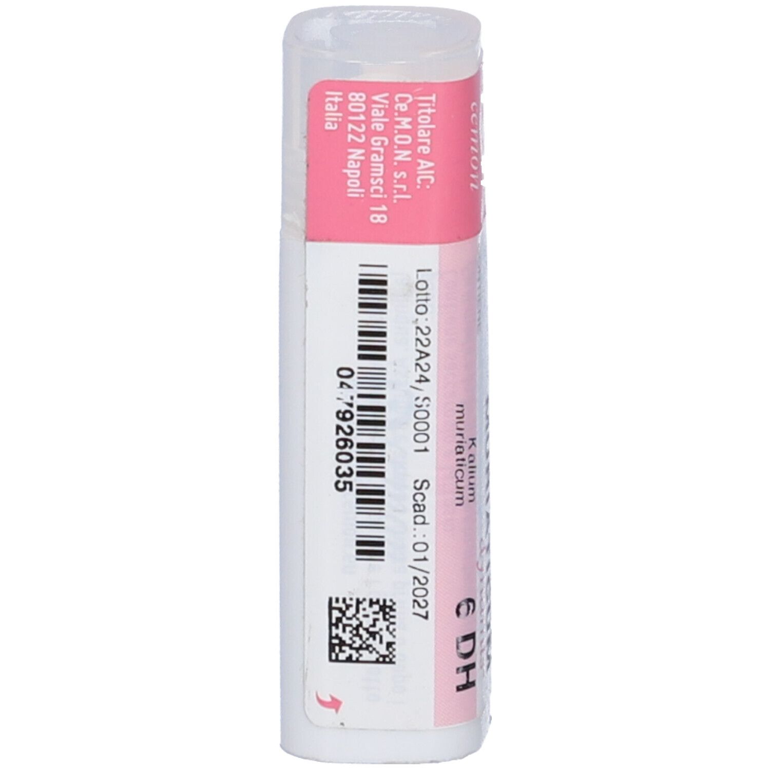 Flacone cilindrico con etichetta rosa. Scritte: Kalium Muriaticum, dynamis 6 DH. Codice a barre e QR code.