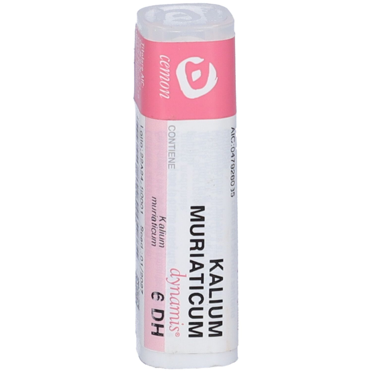 Flacone cilindrico con etichetta rosa. Scritte: Kalium Muriaticum, dynamis 6 DH. Coperchio bianco.