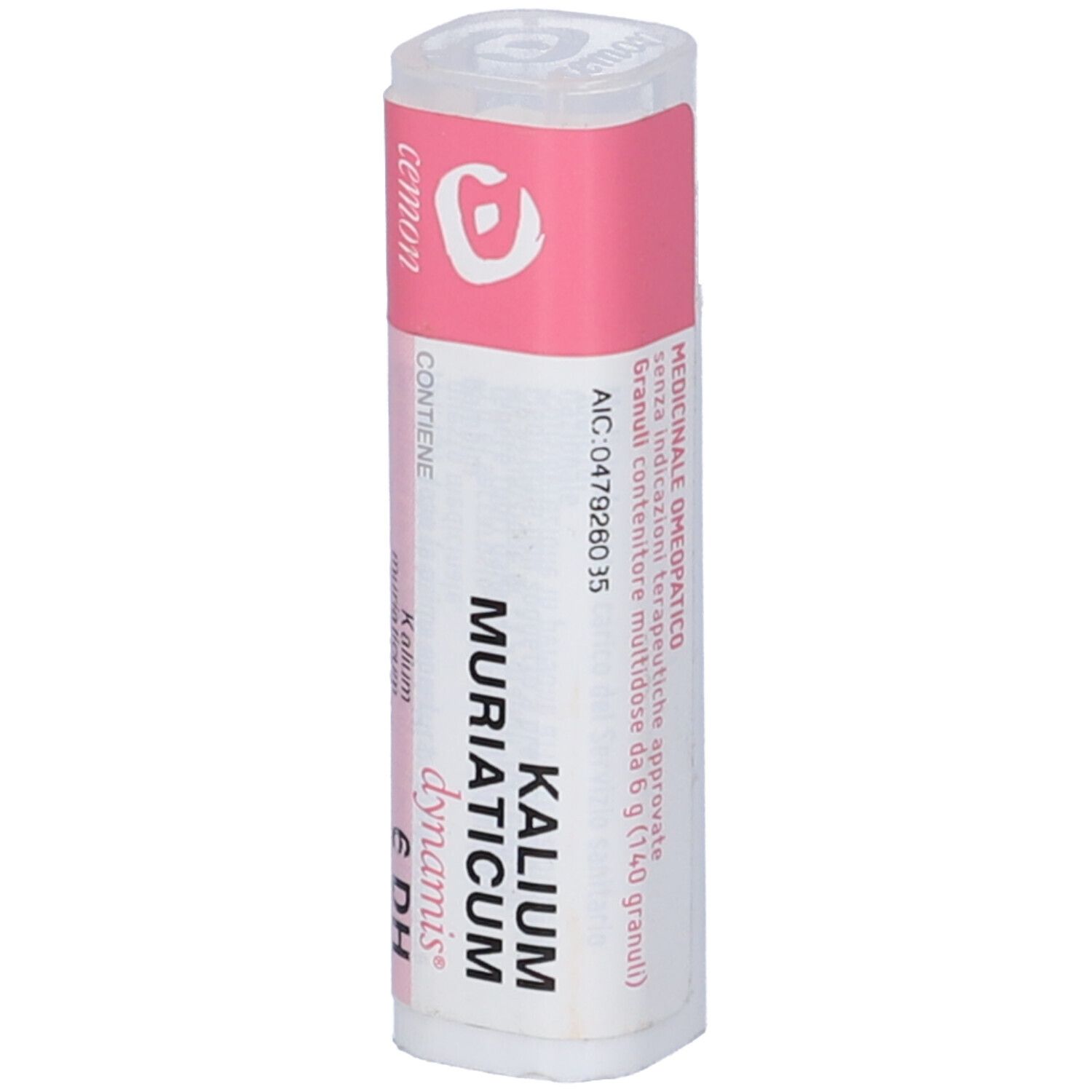 Flacone cilindrico con etichetta rosa. Scritte: Kalium Muriaticum, dynamis 6 DH. 140 Granuli.