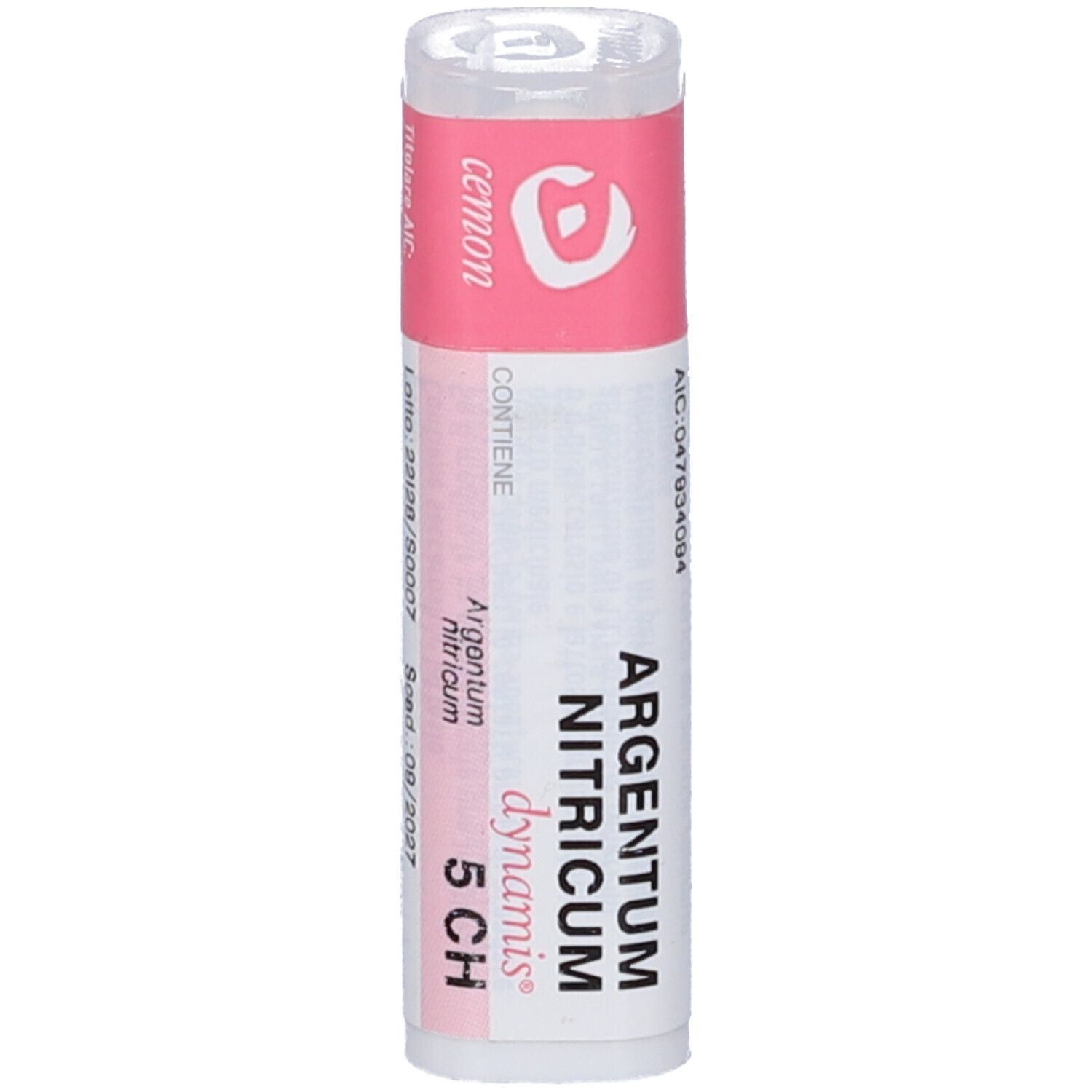 Flacone cilindrico con etichetta rosa. Scritte: Argentum Nitricum, 5 CH, dynamis. Tappo bianco.