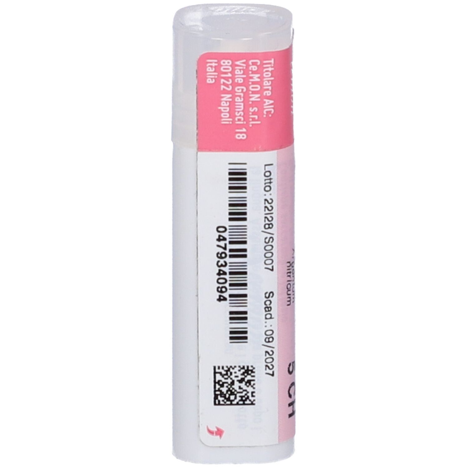 Flacone cilindrico con etichetta rosa. Codice a barre e testo. Tappo bianco. Scritta: cemon.