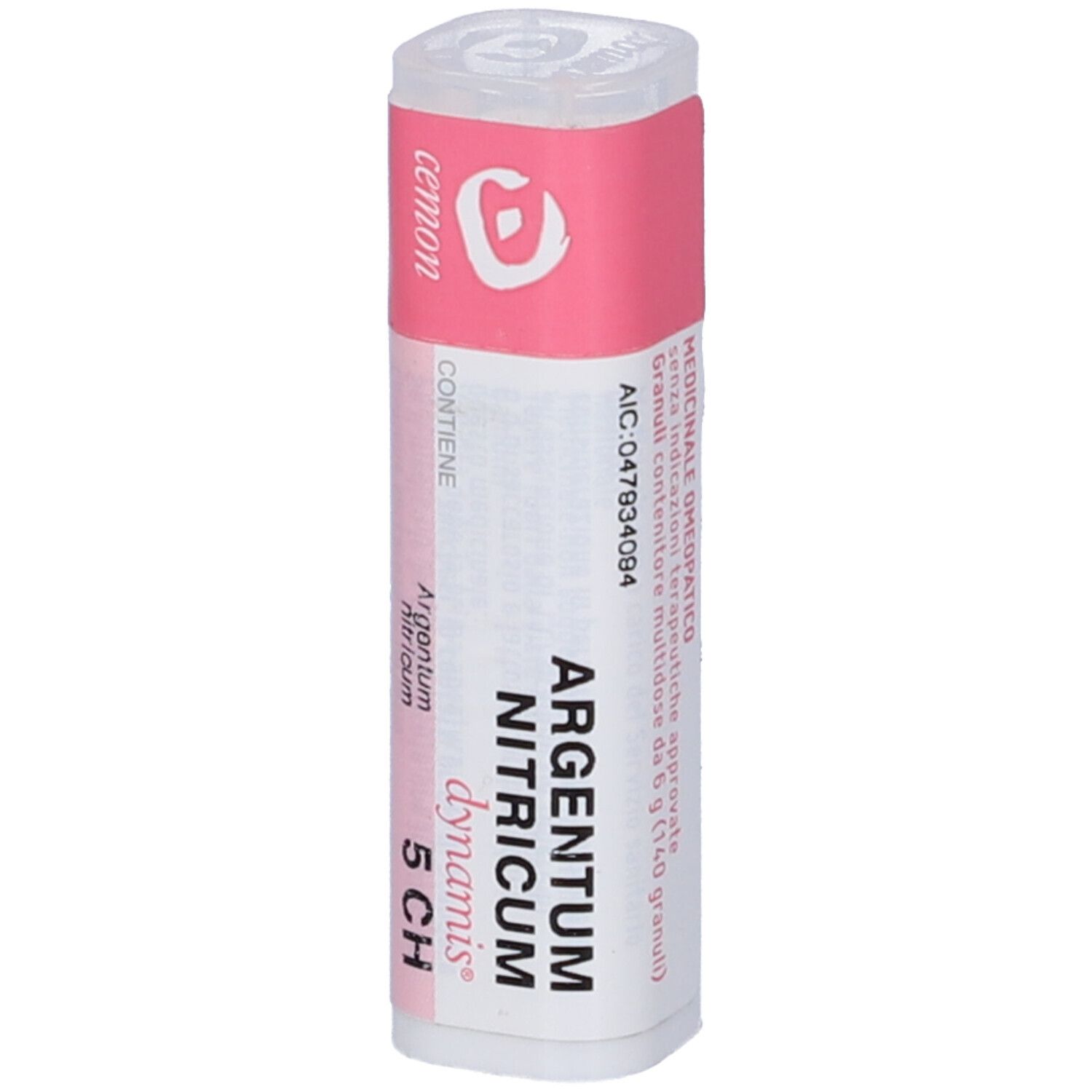 Flacone cilindrico con etichetta rosa. Scritte: Argentum Nitricum, 5 CH, dynamis. Tappo bianco.