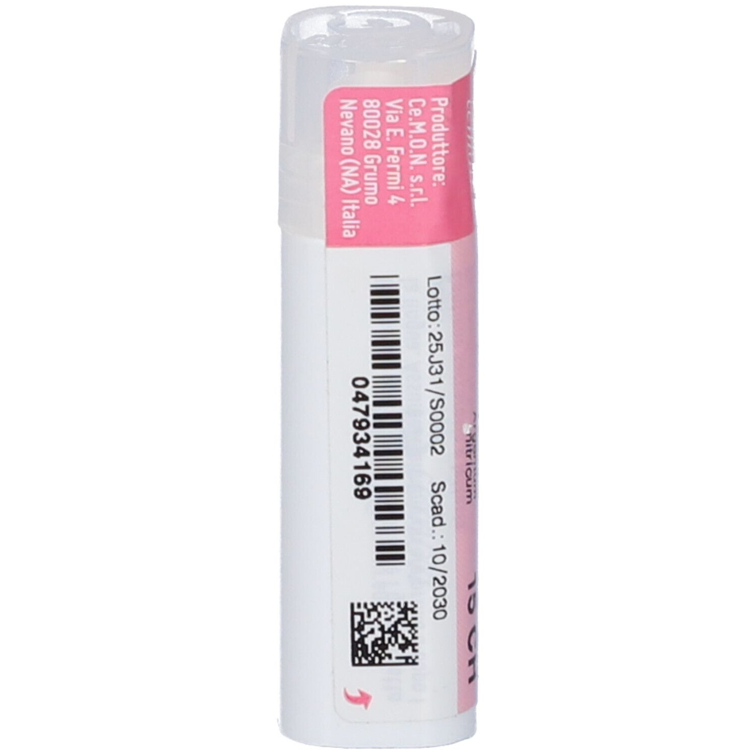 Flacone cilindrico bianco con etichetta rosa. Codice a barre e numero di lotto. Informazioni del produttore.