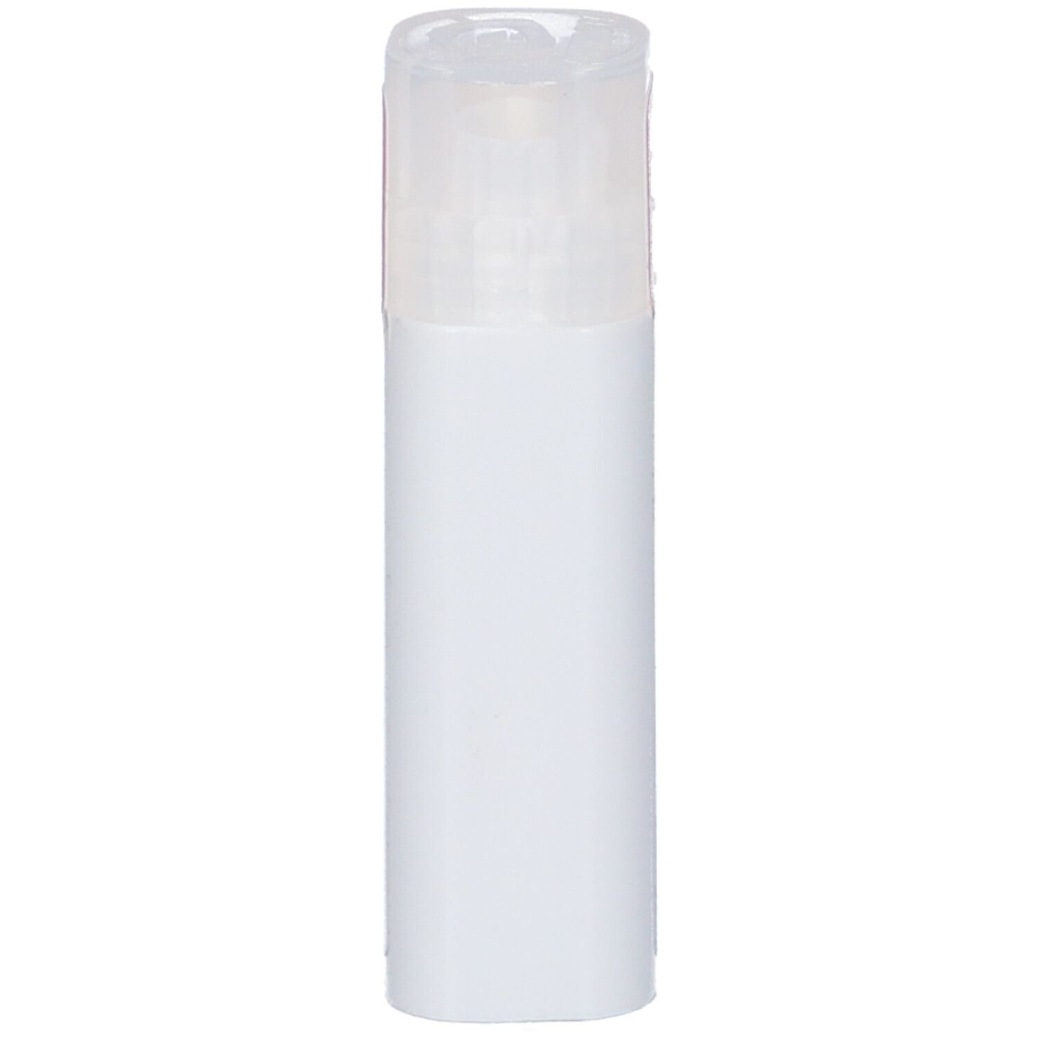 Flacone cilindrico bianco con coperchio trasparente. Nessuna scritta visibile.