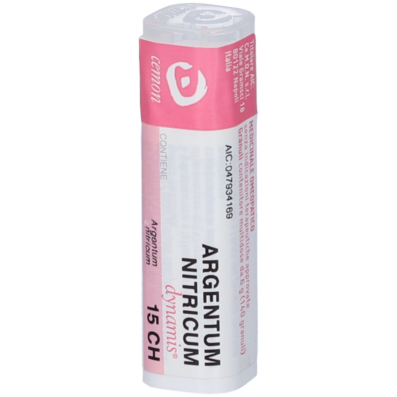 Flacone cilindrico bianco con etichetta rosa. Scritta: Argentum Nitricum 15 CH. Produttore: Cemon.