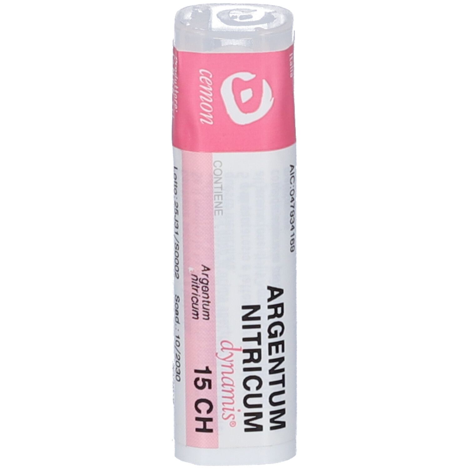 Flacone cilindrico bianco con etichetta rosa. Scritta: Argentum Nitricum 15 CH. Produttore: Cemon.