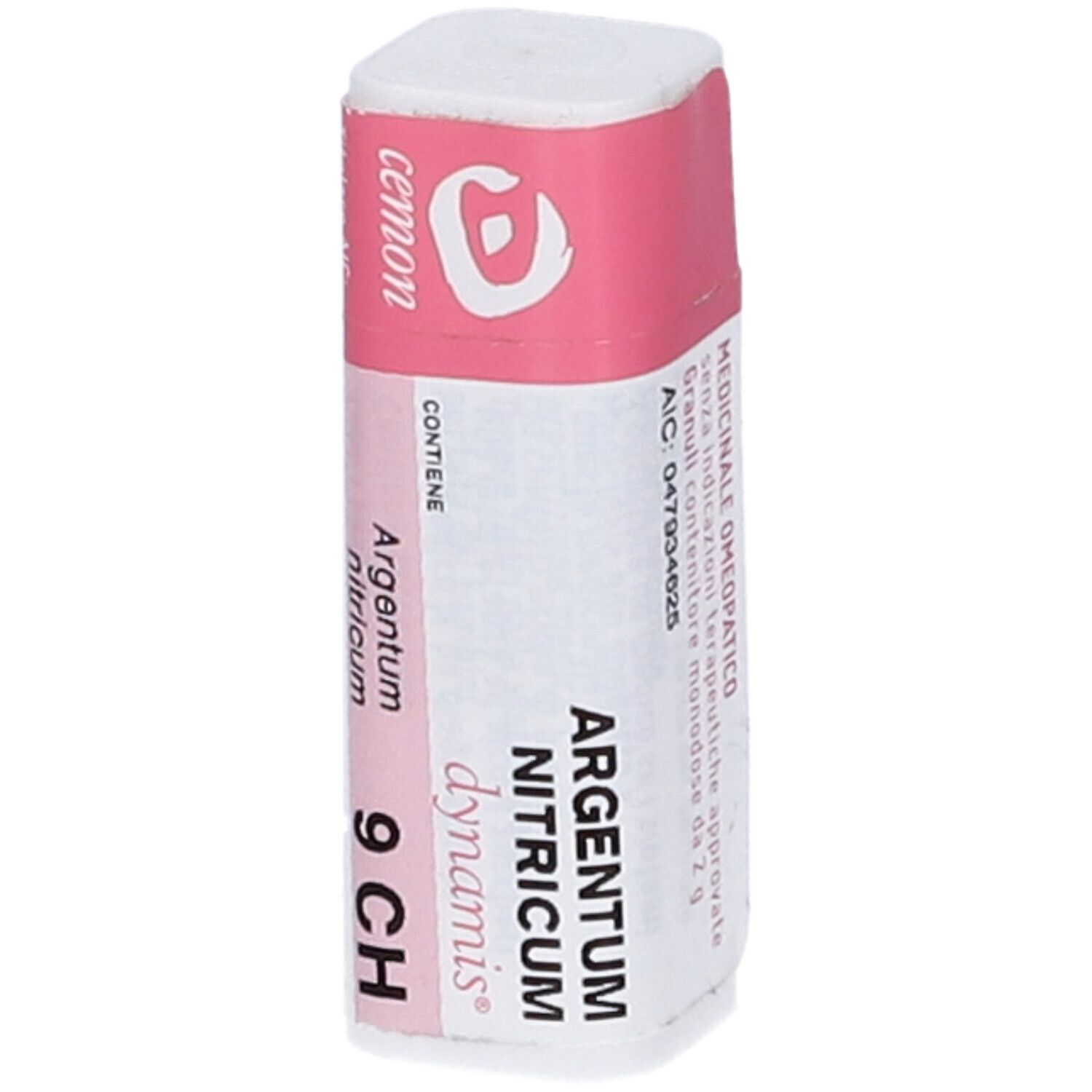 Confezione cilindrica. Fascia rosa con testo: Argentum nitricum 9 CH. Coperchio bianco.