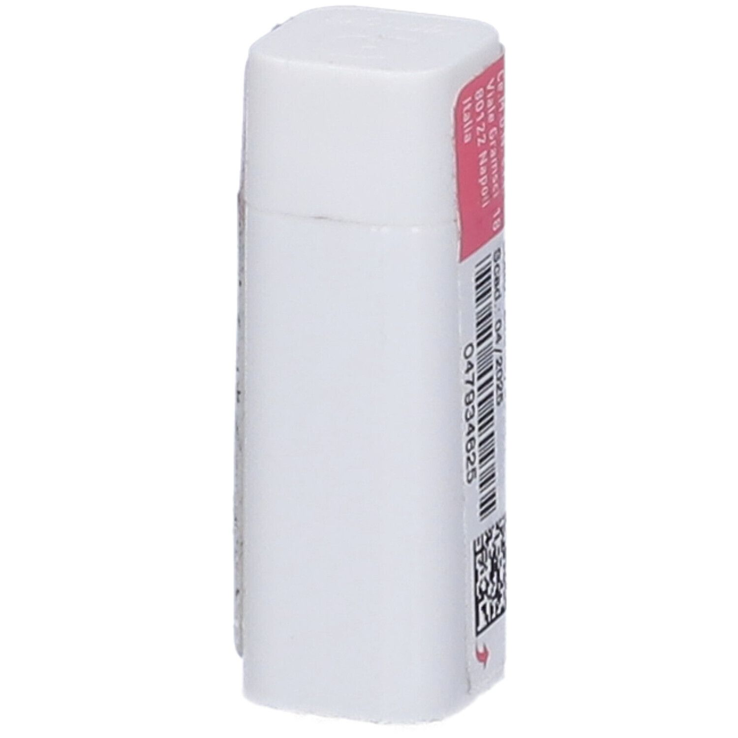 Confezione cilindrica. Fascia rosa con testo e codice a barre. Coperchio bianco. Scritta: 9 CH.