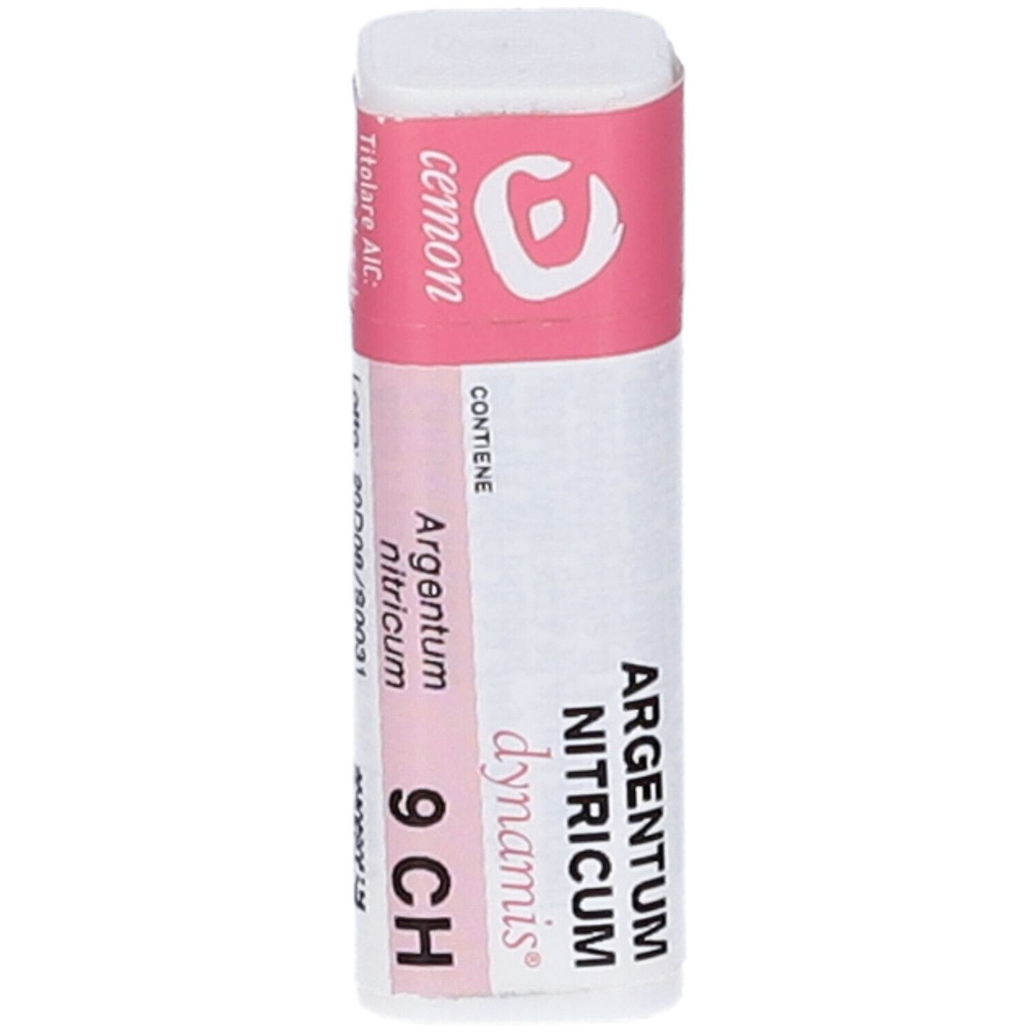 Confezione cilindrica. Fascia rosa con testo: Argentum nitricum 9 CH. Coperchio bianco.