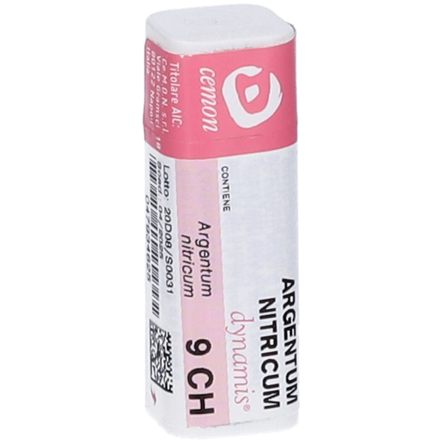 Confezione cilindrica. Fascia rosa con testo e codice a barre. Coperchio bianco. Scritta: 9 CH.