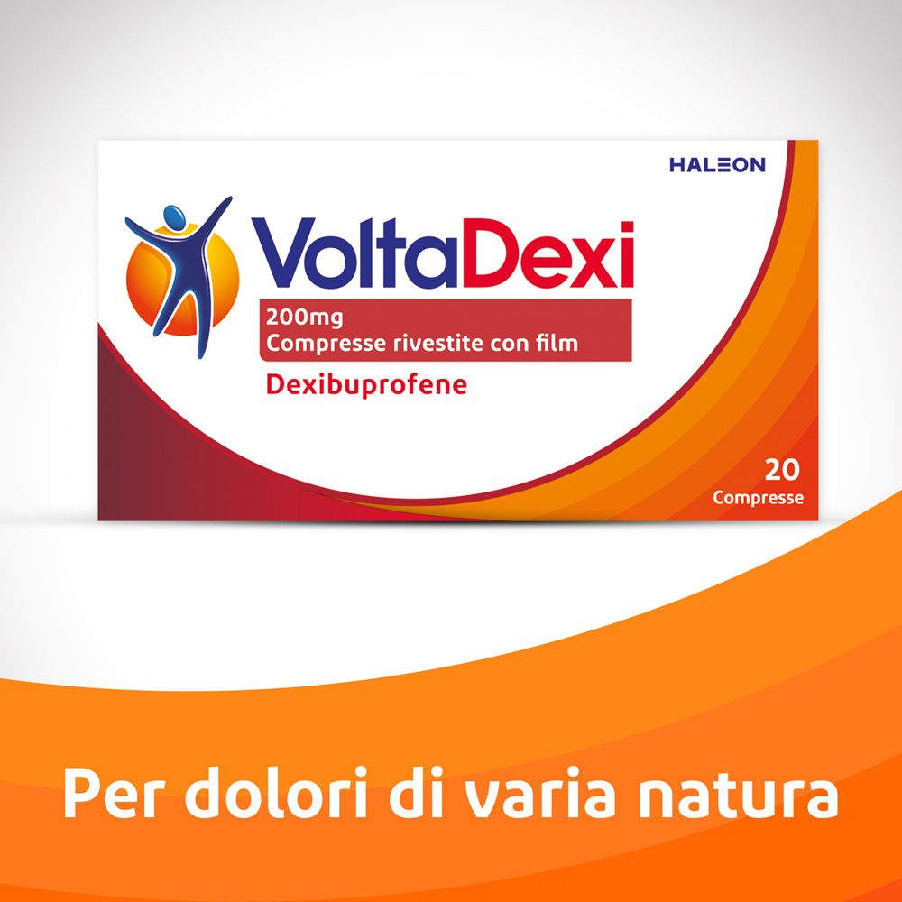 Scatola VoltaDexi, 200mg, 20 compresse. Testo: Per dolori di varia natura. Logo e marchio.
