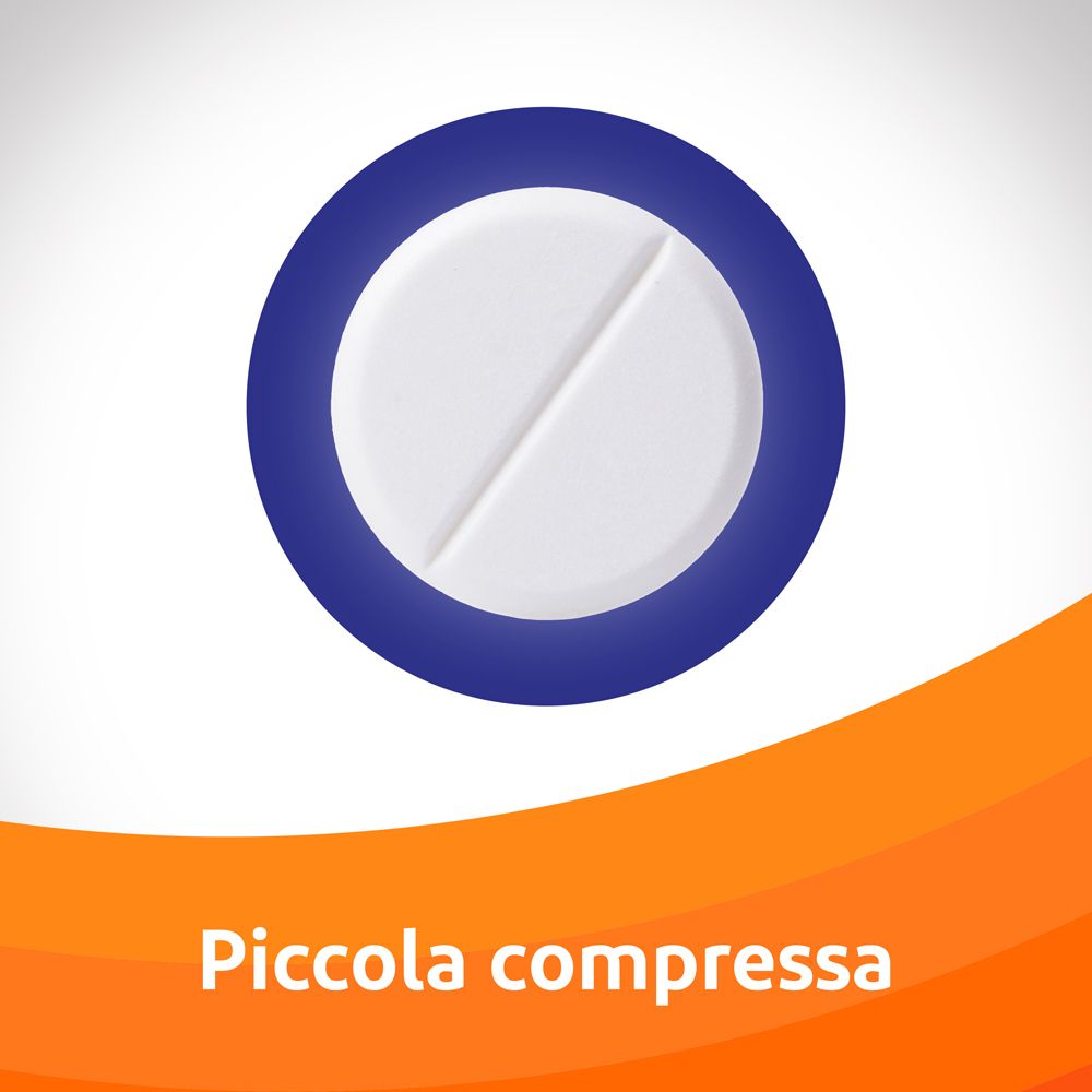 Cerchio blu con compressa bianca. Testo: Piccola compressa.