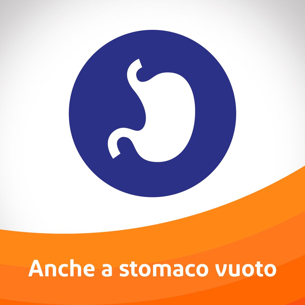 Cerchio blu con simbolo dello stomaco. Testo: Anche a stomaco vuoto.