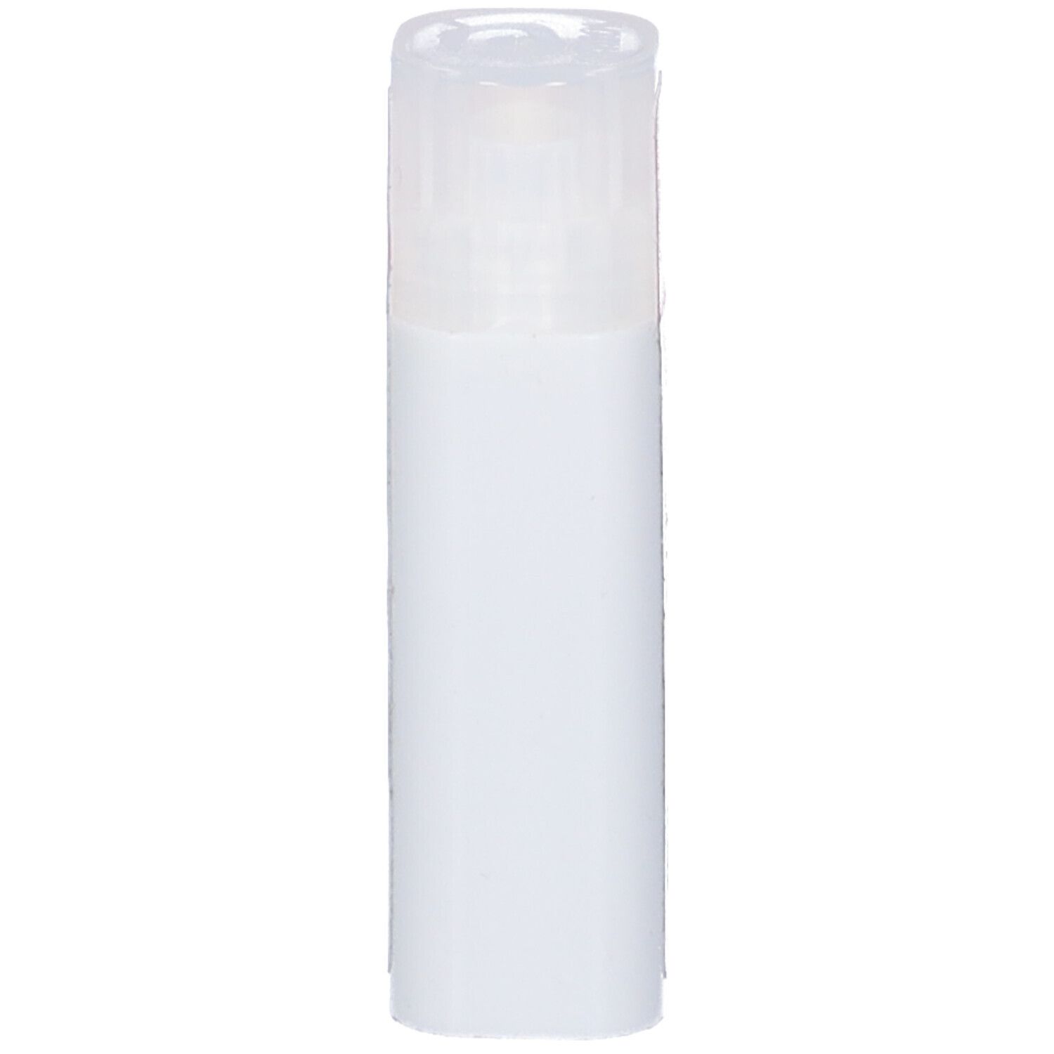 Flacone cilindrico bianco con tappo trasparente.
