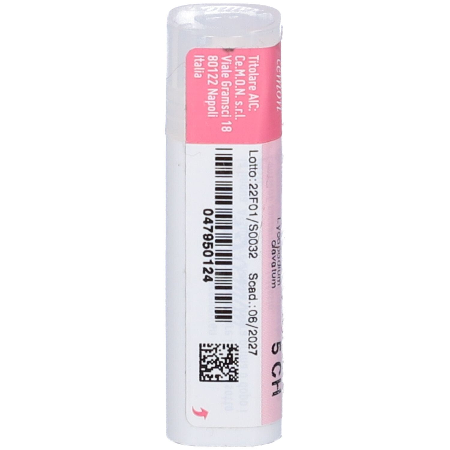 Confezione cilindrica con etichetta rosa. Codice a barre, QR code e testo. Scritta: Cemon, Lycopodium Clavatum 5 CH.