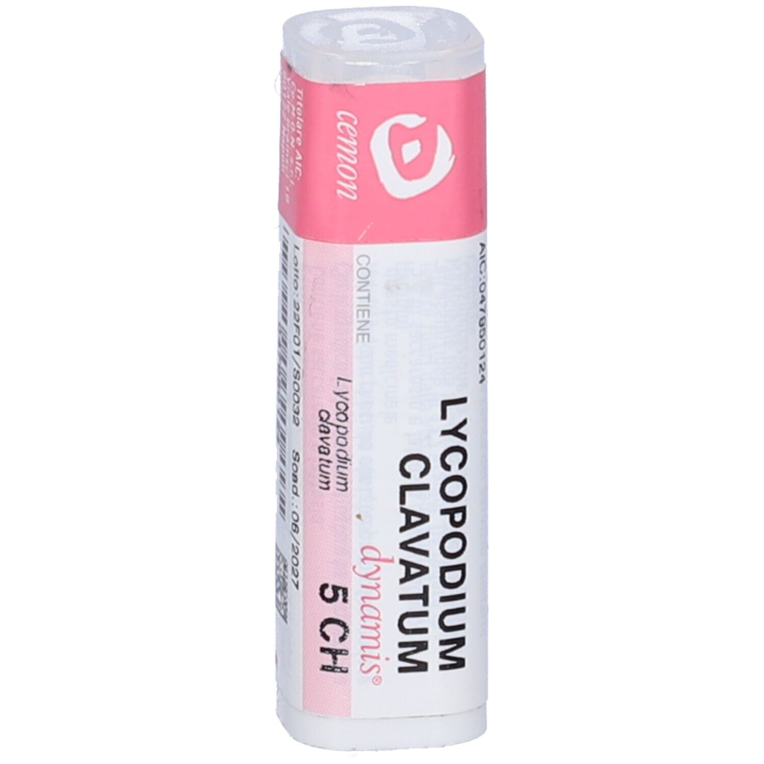 Confezione cilindrica con etichetta rosa. Scritta: Cemon, Lycopodium Clavatum dynamis 5 CH. Numero di lotto.