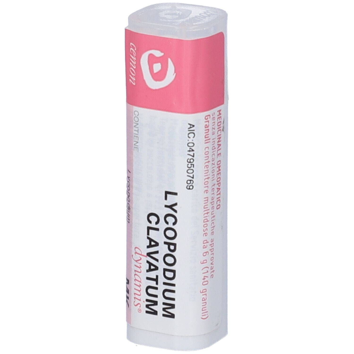 Confezione cilindrica con etichetta rosa e bianca. Scritta: Lycopodium Clavatum, MK, AIC: 047950769.