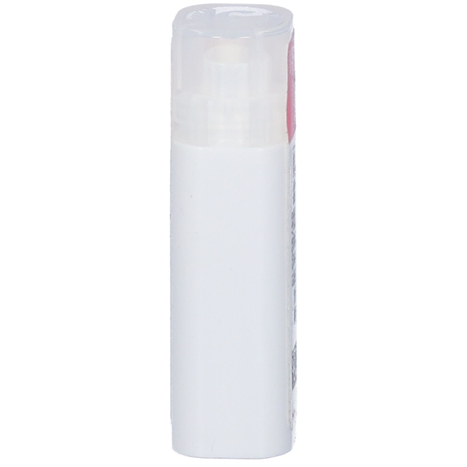 Contenitore cilindrico bianco con coperchio trasparente. Etichetta rosa parzialmente visibile. Informazioni sul prodotto illeggibili.