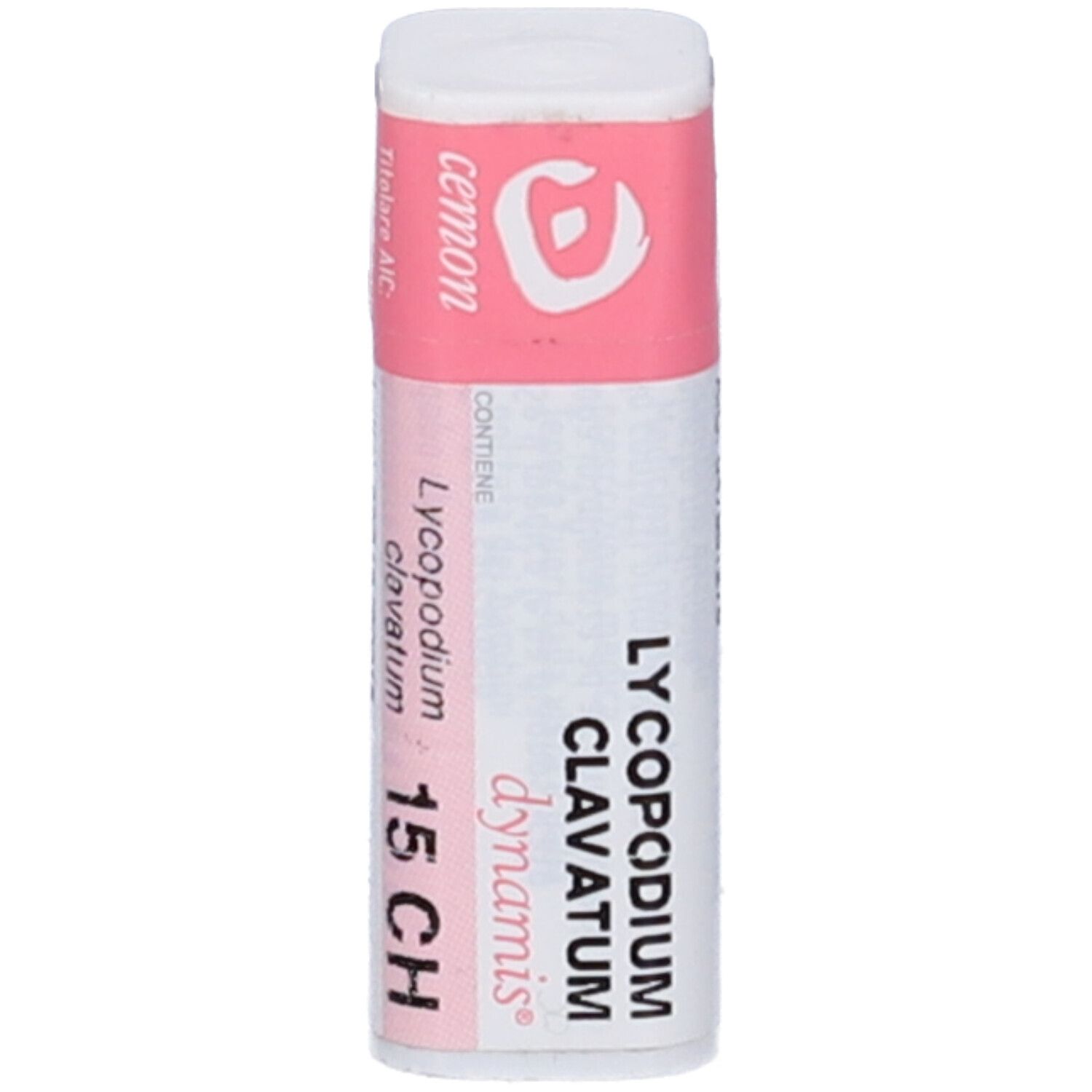 Flacone cilindrico con fascia rosa. Scritte: Lycopodium clavatum 15 CH.