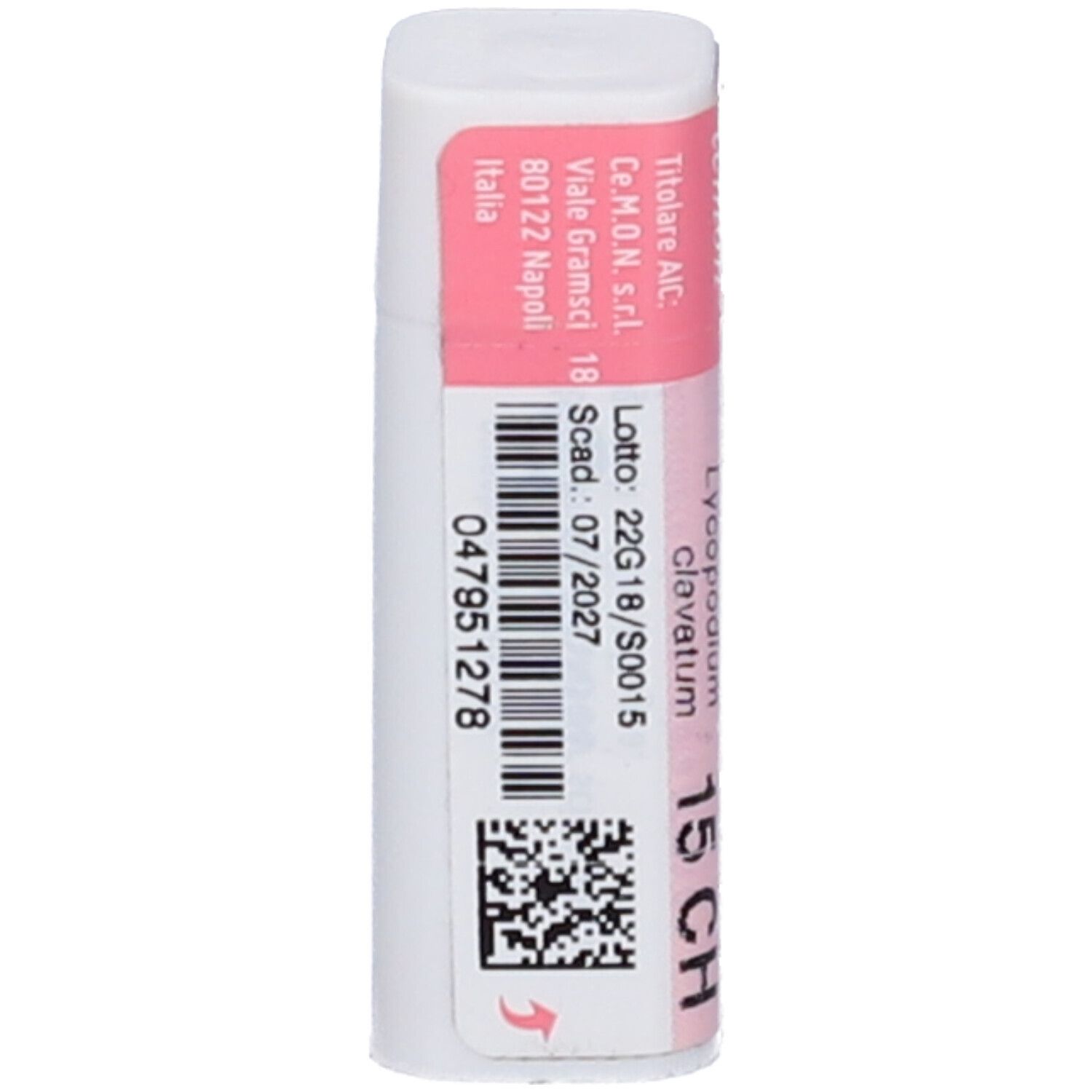 Flacone cilindrico con fascia rosa. Scritte: Lycopodium clavatum 15 CH.