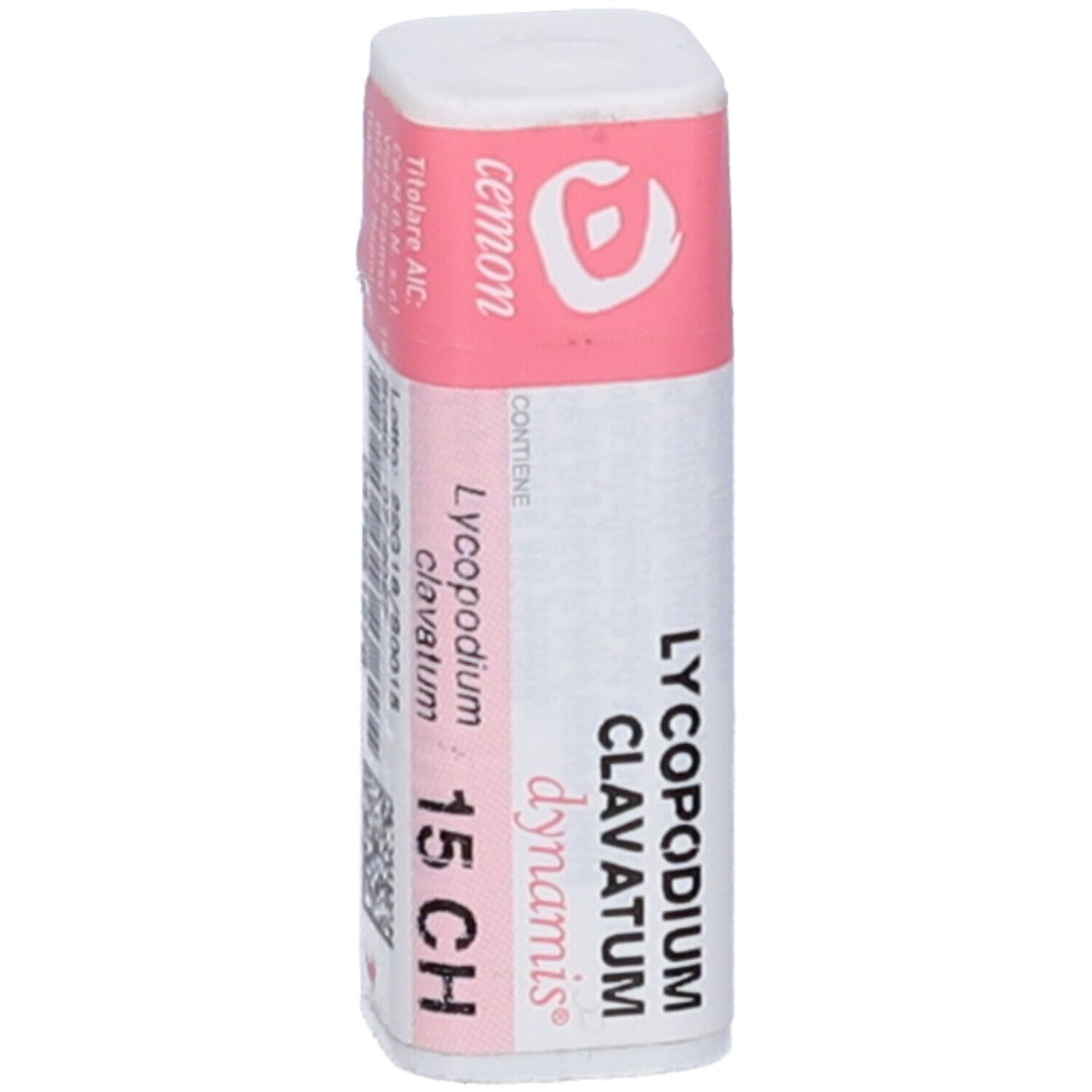 Flacone cilindrico con fascia rosa. Scritte: Lycopodium clavatum 15 CH.