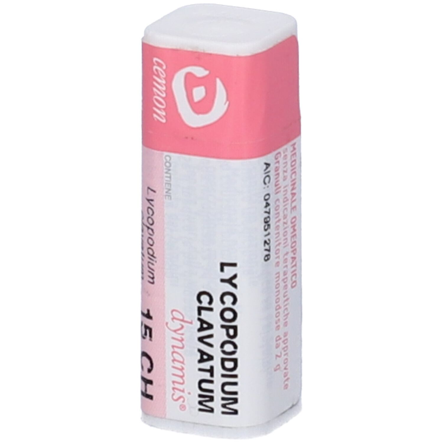 Flacone cilindrico con fascia rosa. Scritte: Lycopodium clavatum 15 CH.