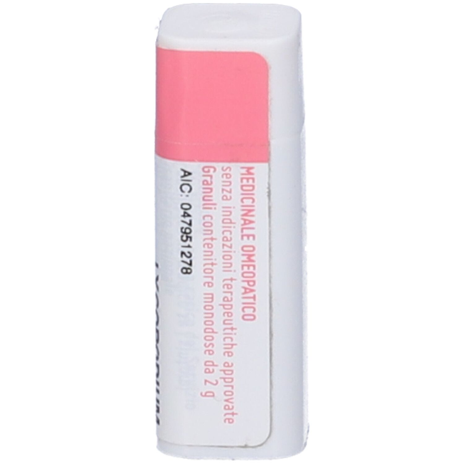 Flacone cilindrico con fascia rosa. Scritte: Medicinale omeopatico.