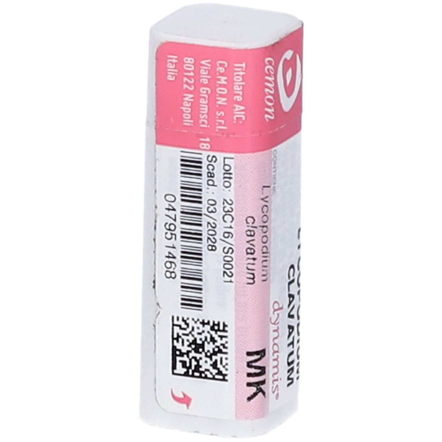Contenitore cilindrico con etichetta rosa e bianca. Testo: Lycopodium clavatum dynamis, MK, cemon, codice a barre.