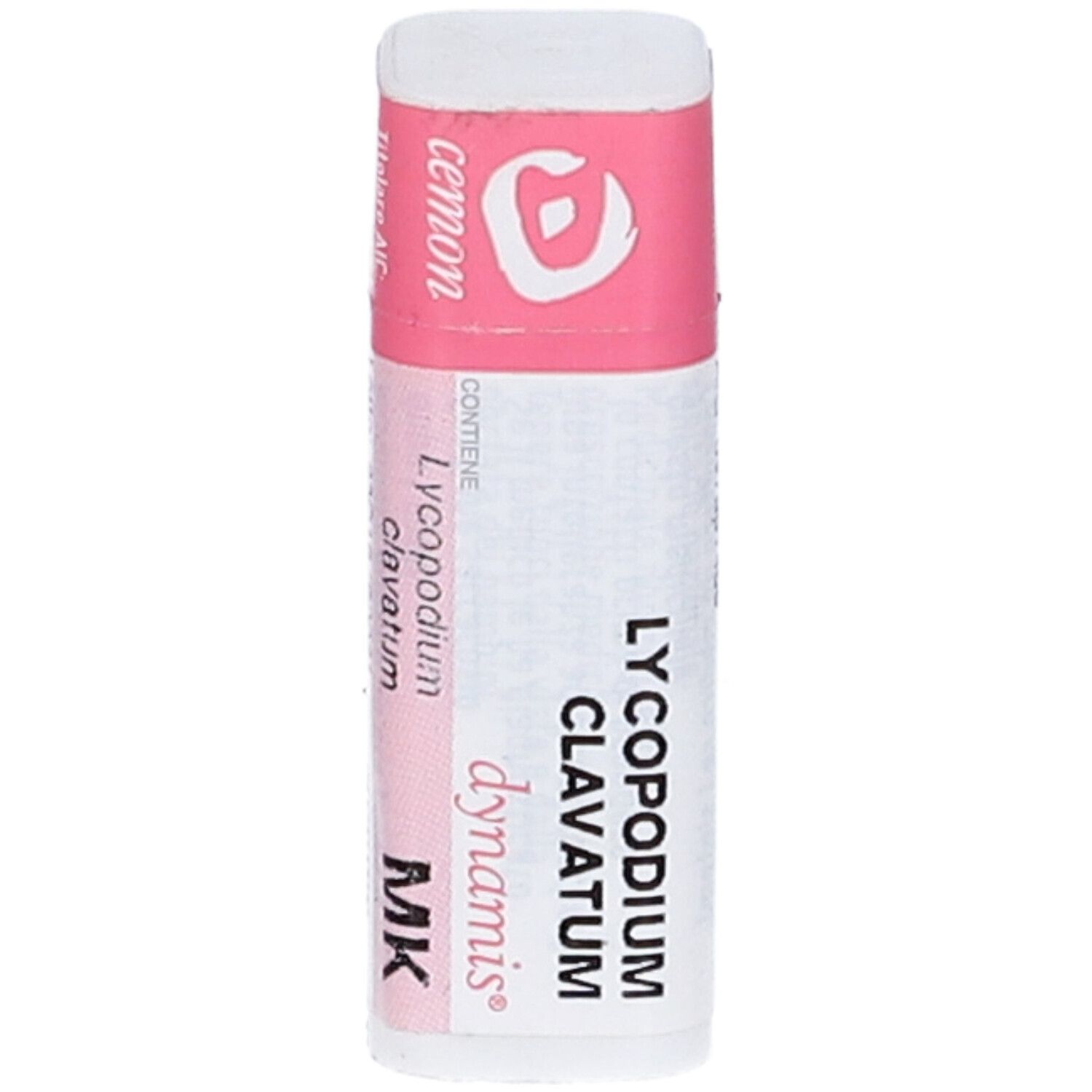 Contenitore cilindrico con etichetta rosa e bianca. Testo: Lycopodium clavatum dynamis, MK, cemon.