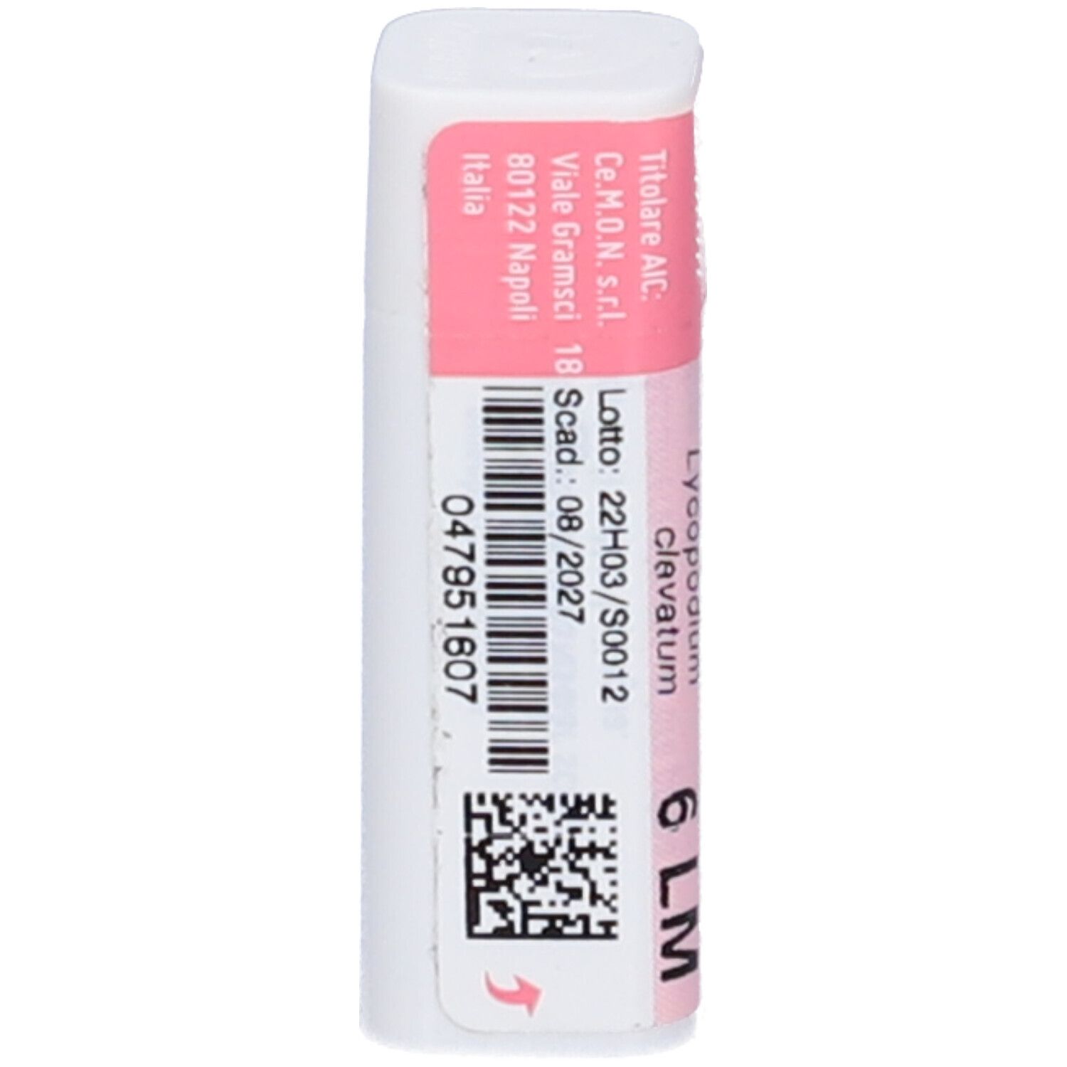 Flacone cilindrico bianco con etichetta rosa e codice a barre. Scritta: Lycopodium Clavatum 6 LM. Indirizzo e scadenza.