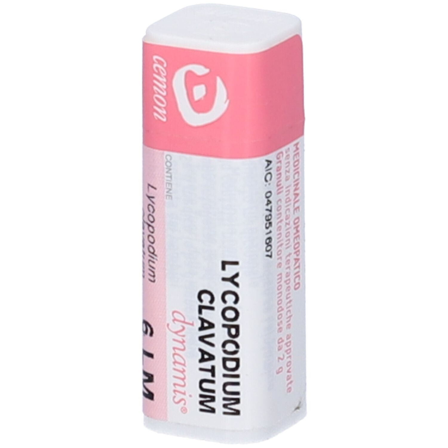 Flacone cilindrico bianco con etichetta rosa. Scritta: Lycopodium Clavatum dynamis 6 LM. Logo: Cemon.