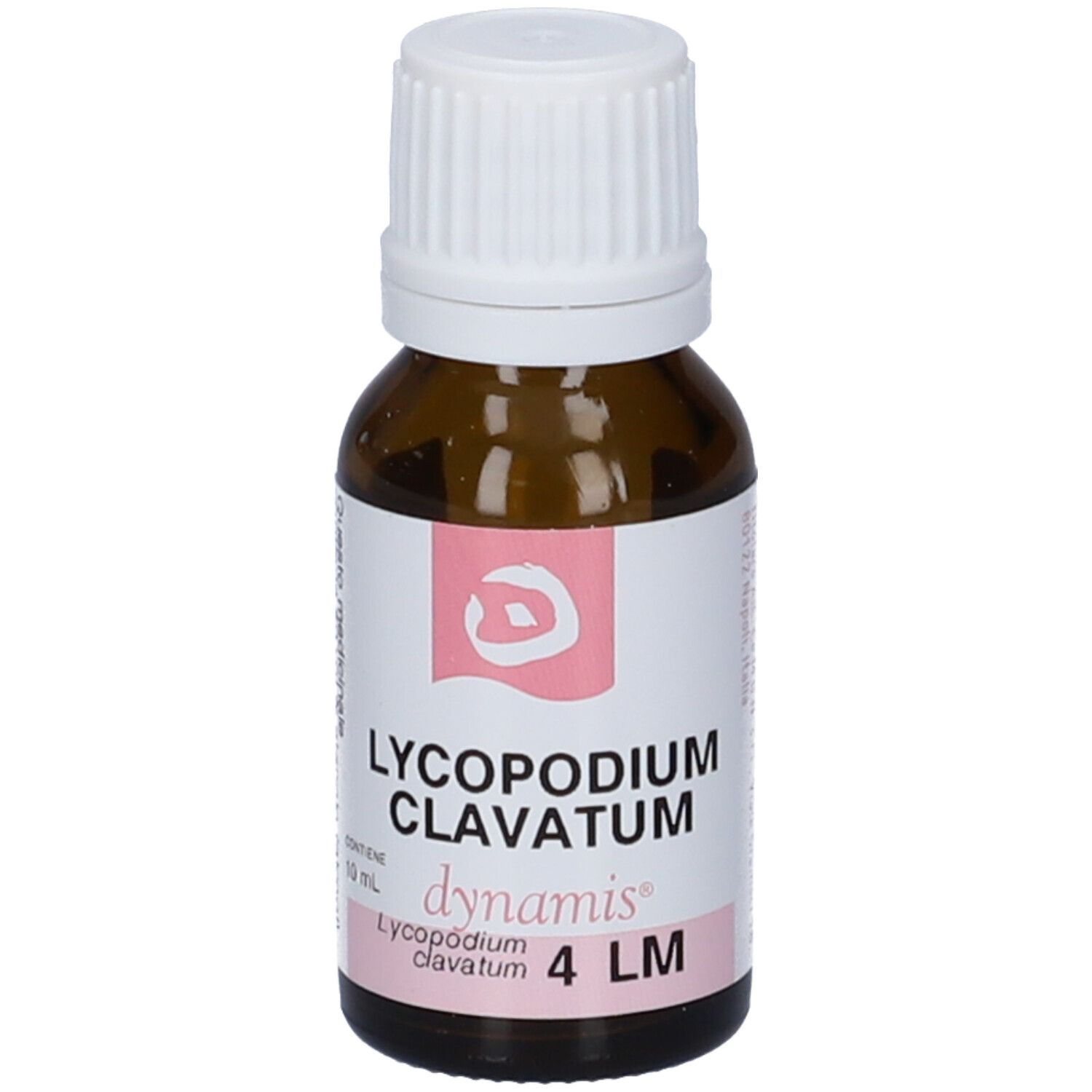 Flacone di vetro marrone con tappo bianco ed etichetta. L'etichetta riporta "LYCOPODIUM CLAVATUM 4 LM".