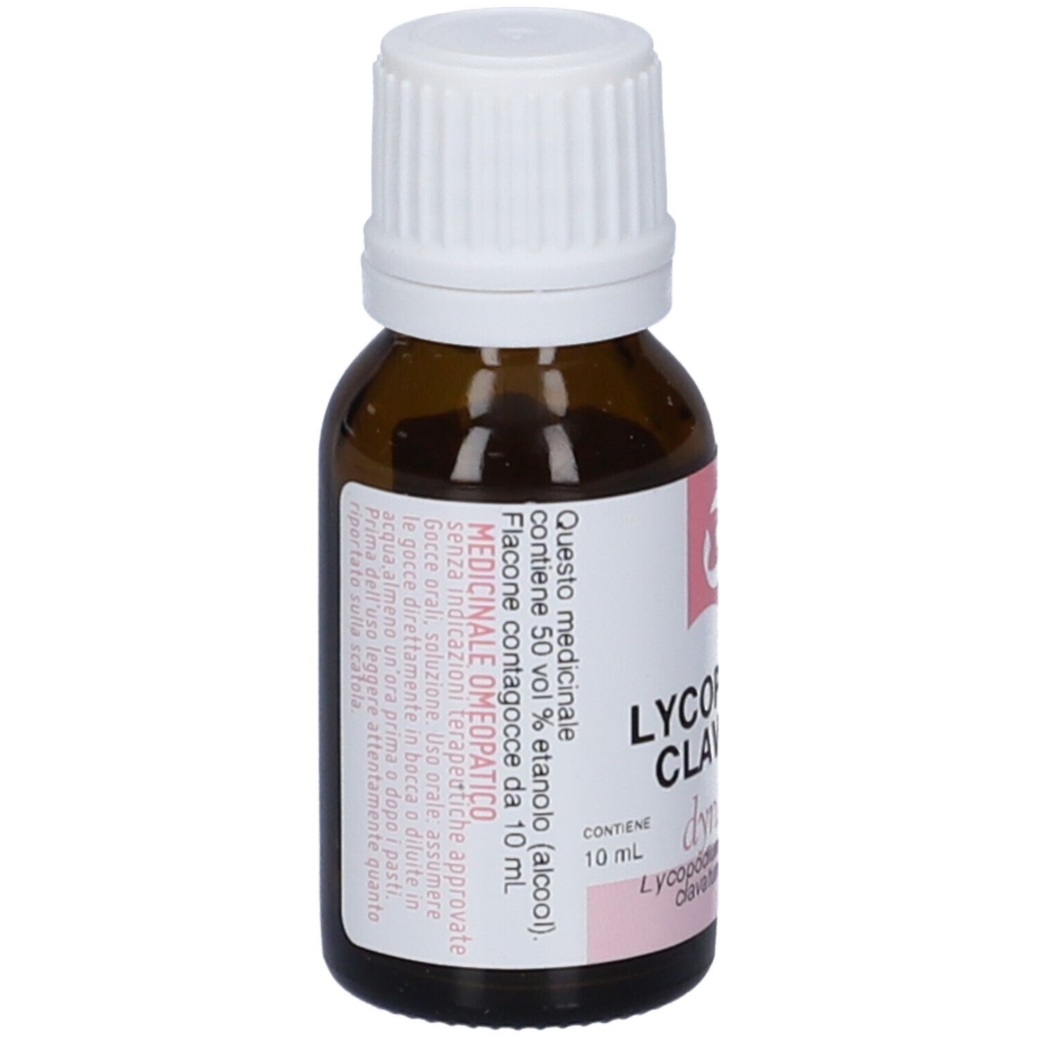 Flacone di vetro marrone con tappo bianco ed etichetta. L'etichetta riporta "LYCOPODIUM CLAVATUM".