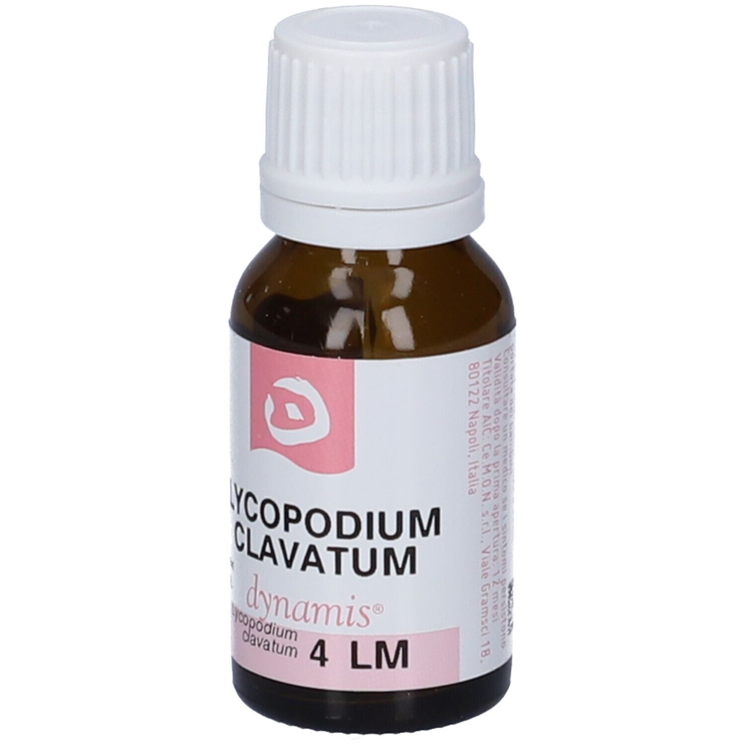 Flacone di vetro marrone con tappo bianco ed etichetta. L'etichetta riporta "LYCOPODIUM CLAVATUM 4 LM".