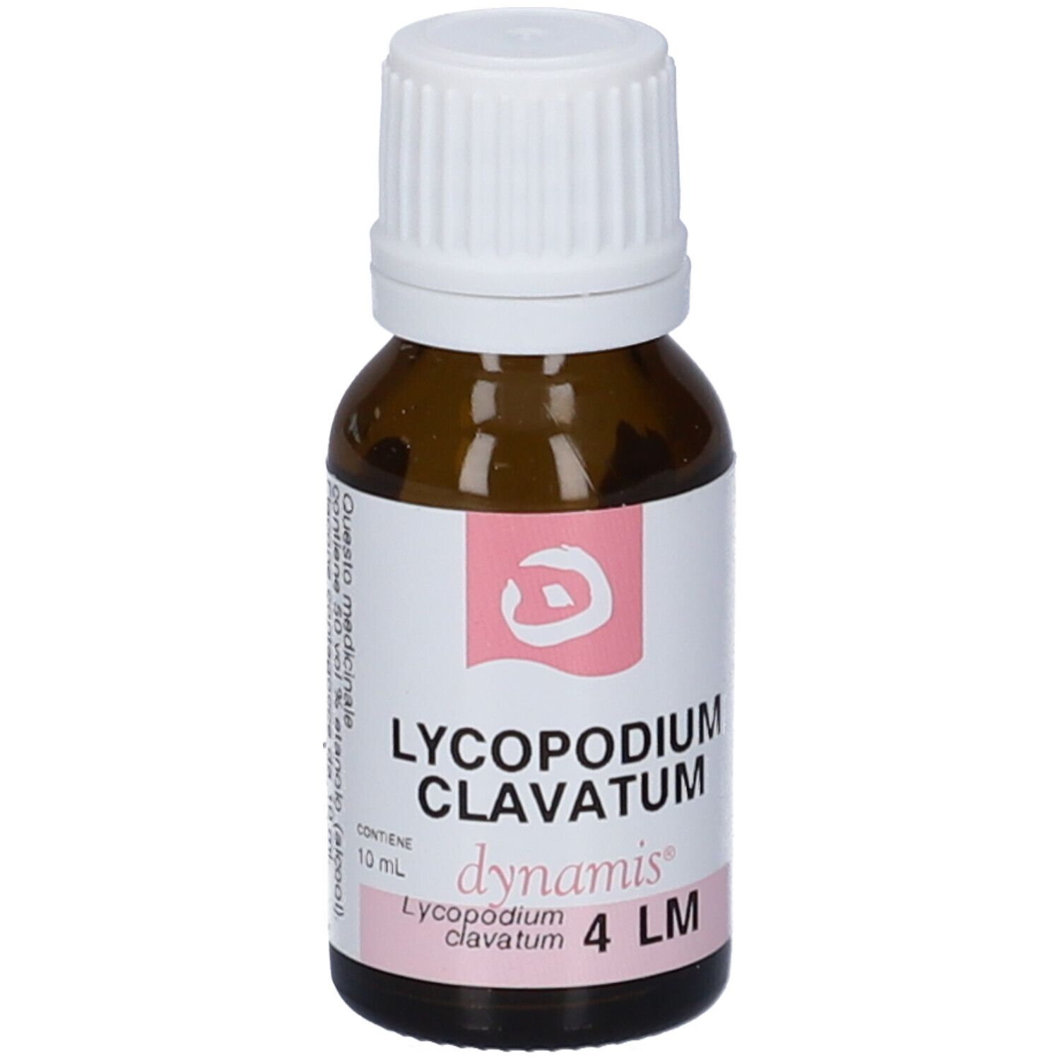 Flacone di vetro marrone con tappo bianco ed etichetta. L'etichetta riporta "LYCOPODIUM CLAVATUM 4 LM".