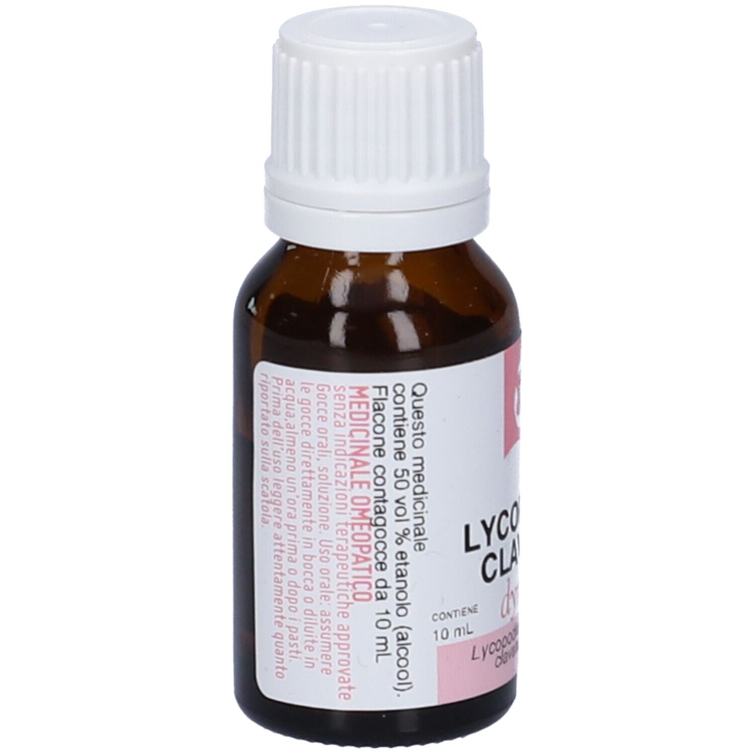 Flacone di vetro marrone con tappo bianco ed etichetta rosa. Scritta: Lycopodium clavatum, dynamis, 9 LM. Contiene 50% etanolo.