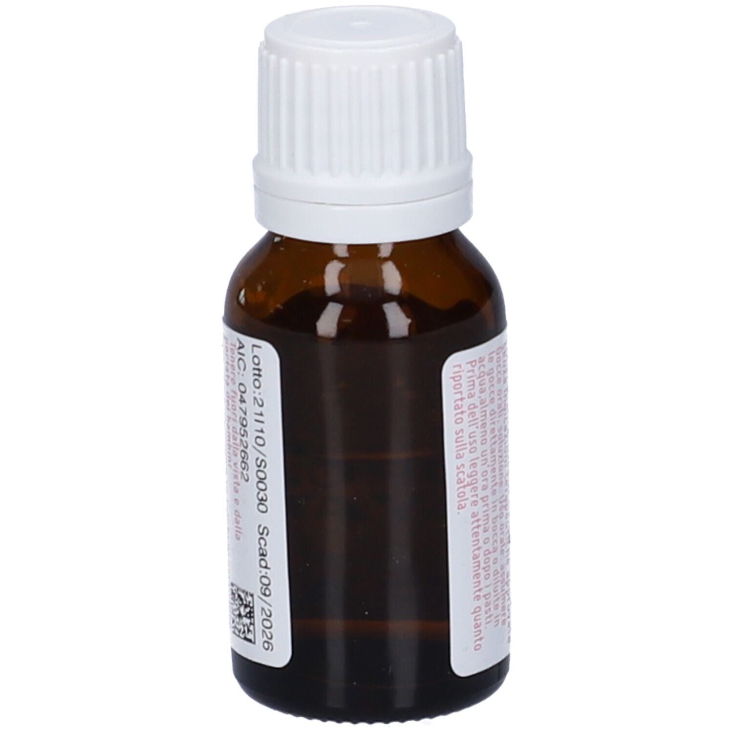 Flacone di vetro marrone con tappo bianco ed etichetta rosa. Scritta: Lycopodium clavatum, dynamis, 9 LM. Numero di lotto e scadenza.
