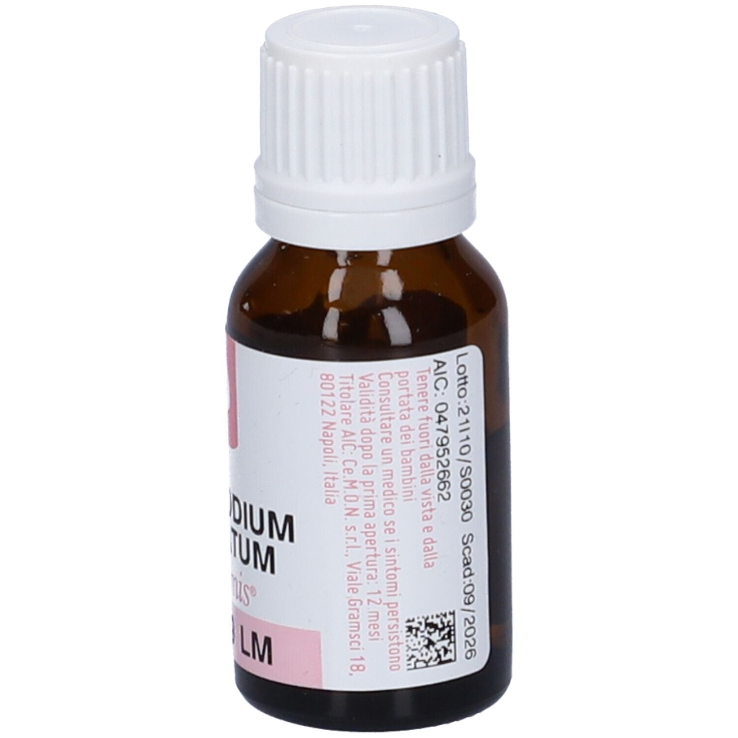 Flacone di vetro marrone con tappo bianco ed etichetta rosa. Scritta: Lycopodium clavatum, dynamis, 9 LM. Codice AIC.