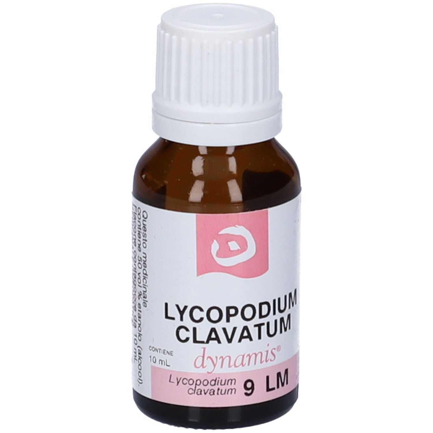 Flacone di vetro marrone con tappo bianco ed etichetta rosa. Scritta: Lycopodium clavatum, dynamis, 9 LM. Contiene 10 ml.